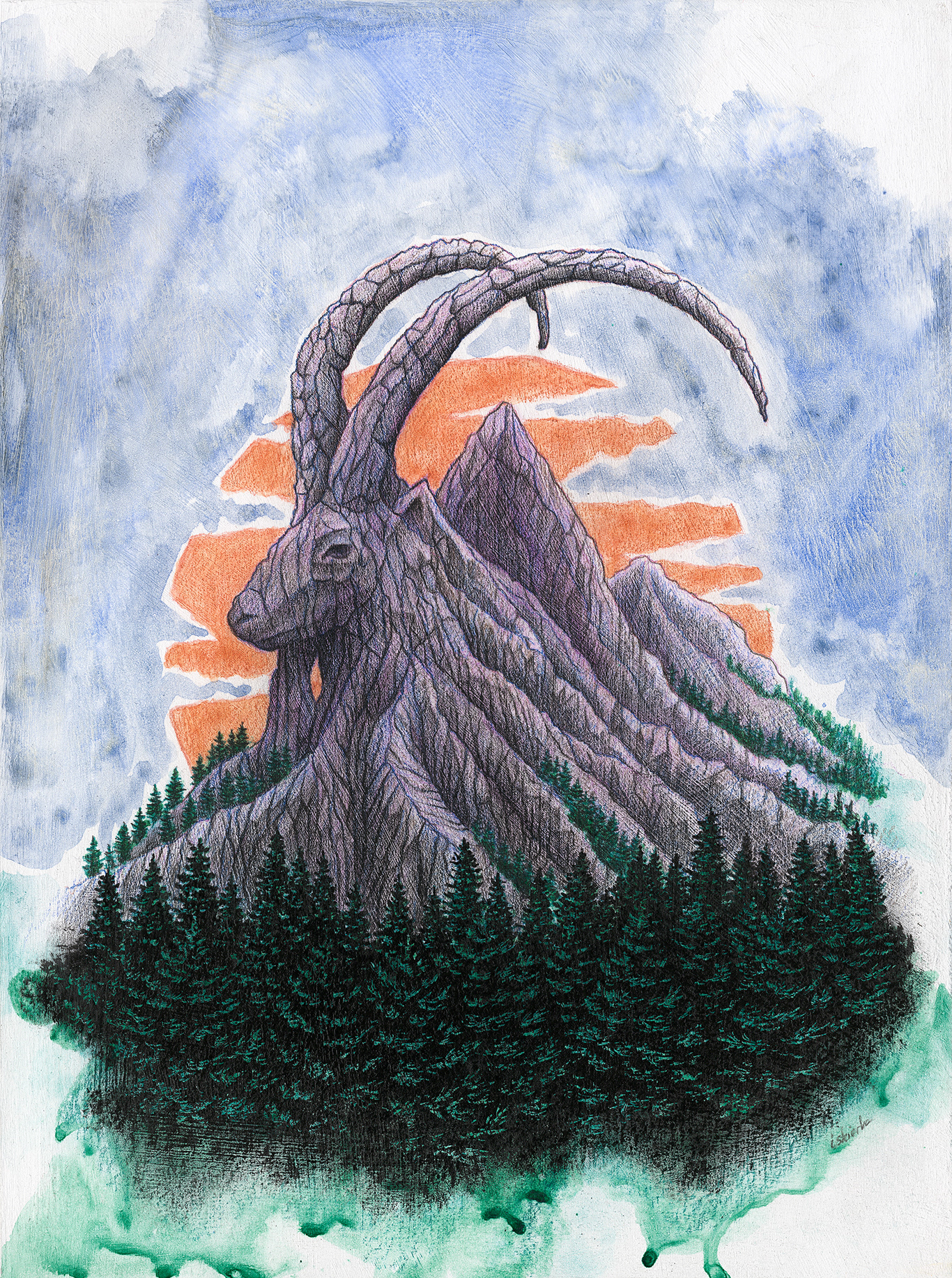 An illustration features a surreal scene with an Alpine Ibex merging with rocky mountain peaks, embodying the spirit of the Alps. The Ibex takes on the form of a commanding mountain itself, standing prominently in the landscape. The setting sun casts a warm glow behind the Ibex-shaped peak, while a dark blue sky stretches overhead, overlooking a coniferous woodland at the mountain's base.