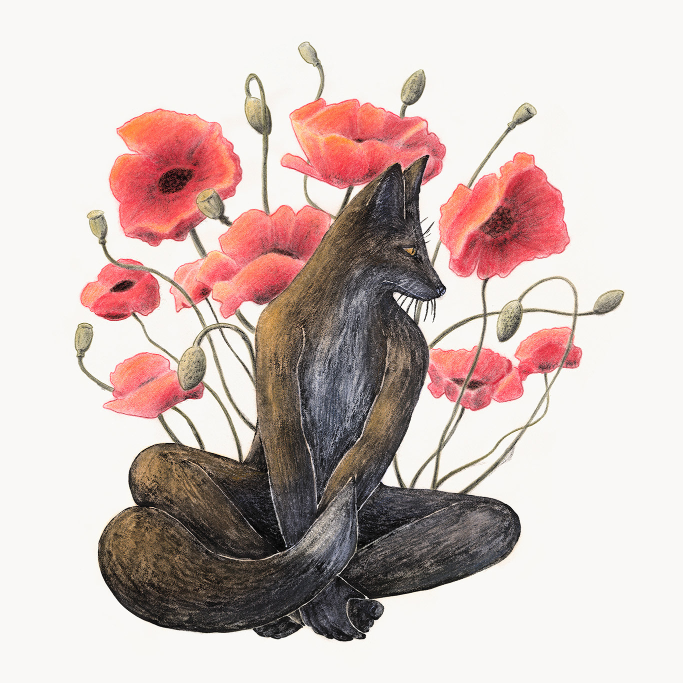 In the image, an anthropomorphic fox seats in a meditative posture, surrounded by vibrant, large poppies. The fox gazes into the distance, suggesting contemplation and connection with the natural world. 