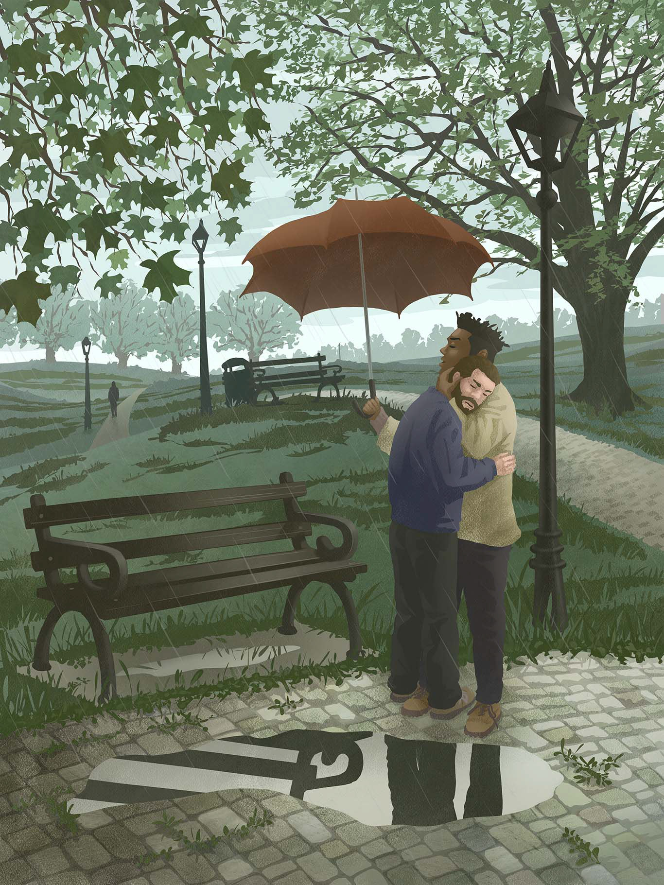 In a park alley on a rainy day, two men stand locked in a loving embrace, one of them sheltering both with a brick-red umbrella. Muted colors dominate the scene, with the umbrella's hue drawing the eye to the central point of the image, where warmth and togetherness triumph over the unpleasant weather.