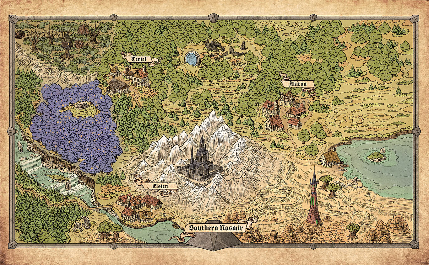 A bespoke 2D digital game asset in the shape of a campaign map for a Community Campaign, 'Flame and Shadow', for the Songs of Conquest game. It has been tailored to depict the story written by the client. This commission illustrates a region called 'Southern Nasmir', representing a mix of woodlands, three small villages, a mountain range, a river, a lake, and even a small desert where a wizard's tower stands. The 2D game asset has been designed to successfully imitate the map being hand-drawn on real paper.