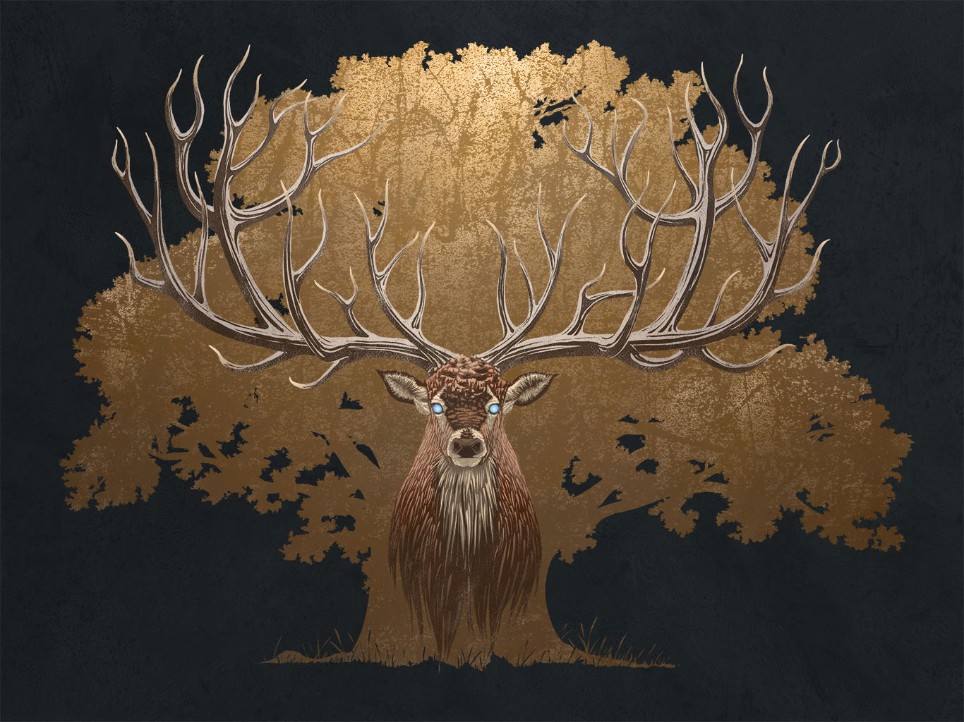 A magnificent male deer with an impressive crown of antlers gazes at us attentively, his blue, pupil-less eyes emitting a radiant blue light. In the background, a golden silhouette of an oak tree catches the ethereal light from above, adding to the majestic aura of the scene.