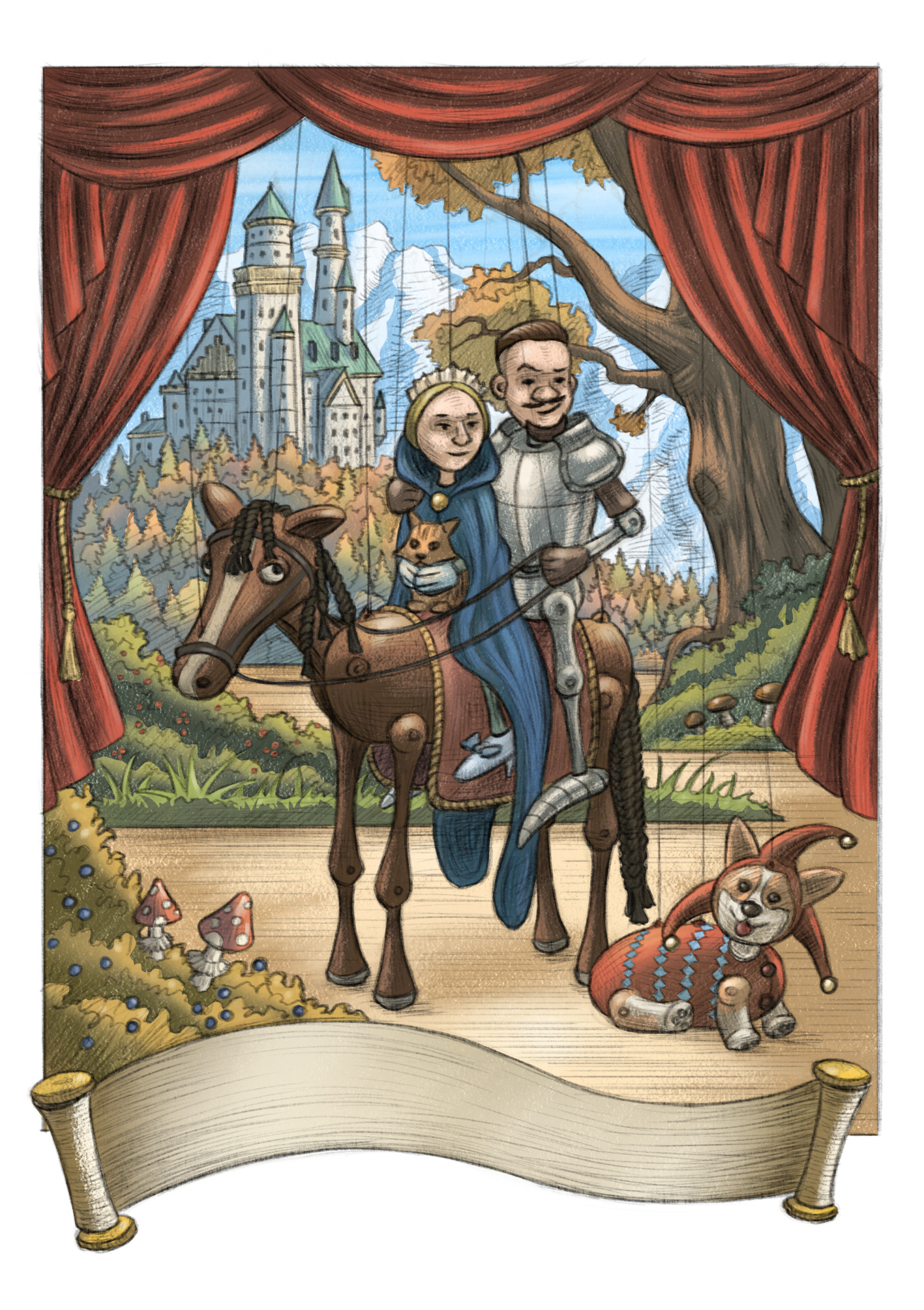 A custom-made wedding invitation, hand-drawn and unique, designed specifically to capture the personality of the clients. It depicts the newlywed couple on the theatre's stage with their animal companions, capturing their passion for theatre, love for their cats and dogs, as well as their interest in tabletop games. This bespoke invitation is an example of visual storytelling at its best, with accents of humour and a fresh approach to the traditional formula of wedding invitations. It puts the newlyweds at the centre of their own story.