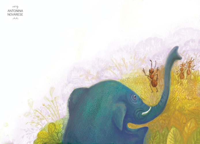 2018 Illustration for a picture book "L'éléphant et la fourmi". Published by Marsam Editions. Text by Karima Delyasse. Illustrations by Antonina Novarese.