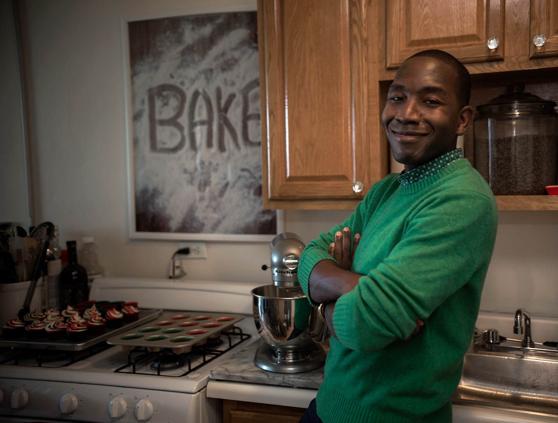 Buki Elegbede of “The Buki Show,” bakes homemade chocolate candy cane swirl cupcakes for the holiday season in Newark. (Jane Therese for Edible New Jersey)