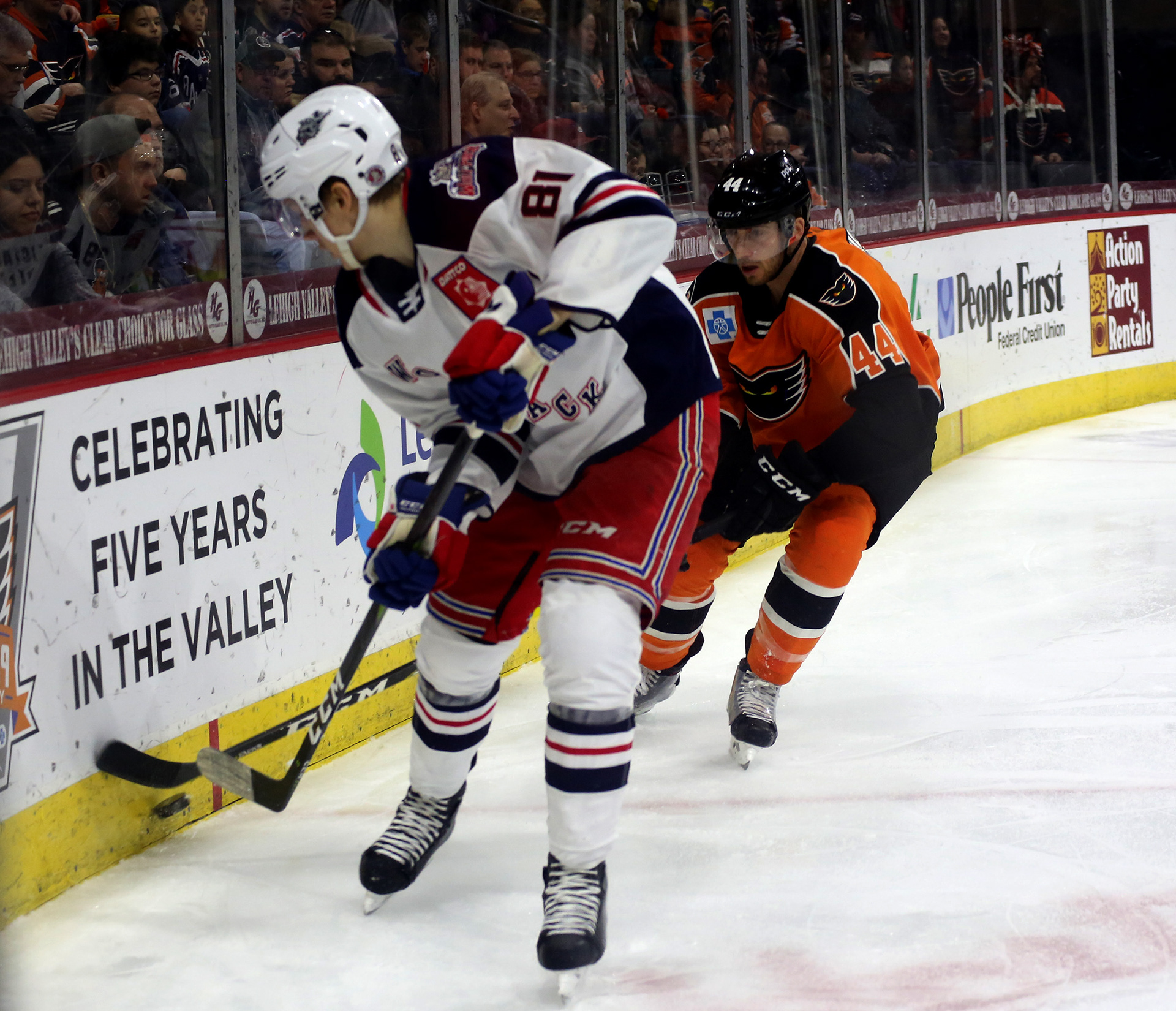 HARTFORD'S VILLE MESKANEN AND PHANTOM'S REECE WILCOX STRUGGLE FOR POSSESSIONAT THE PPL CENTER IN ALLENTOWN.