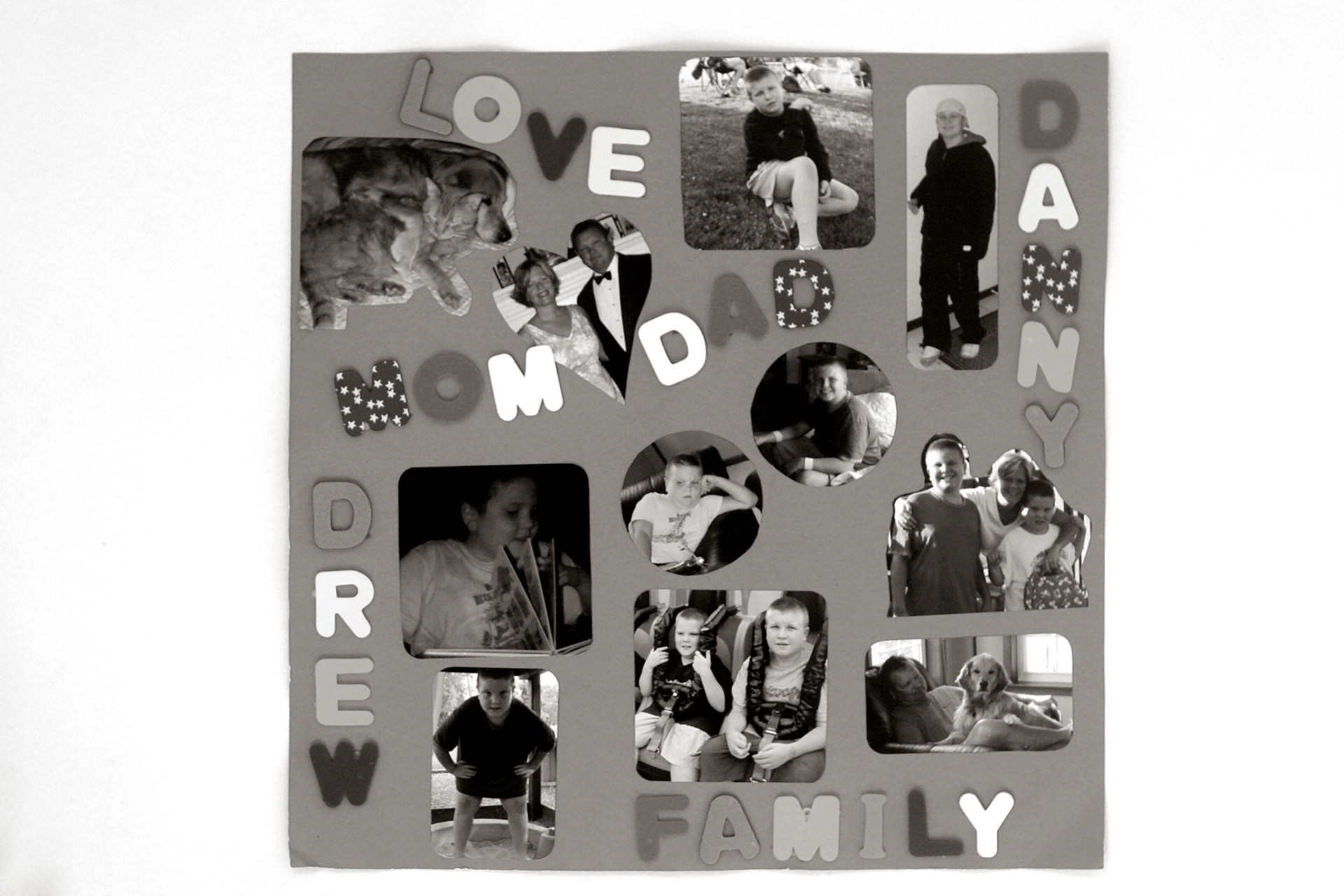 A  family picture collage in Danny's room at Bancroft