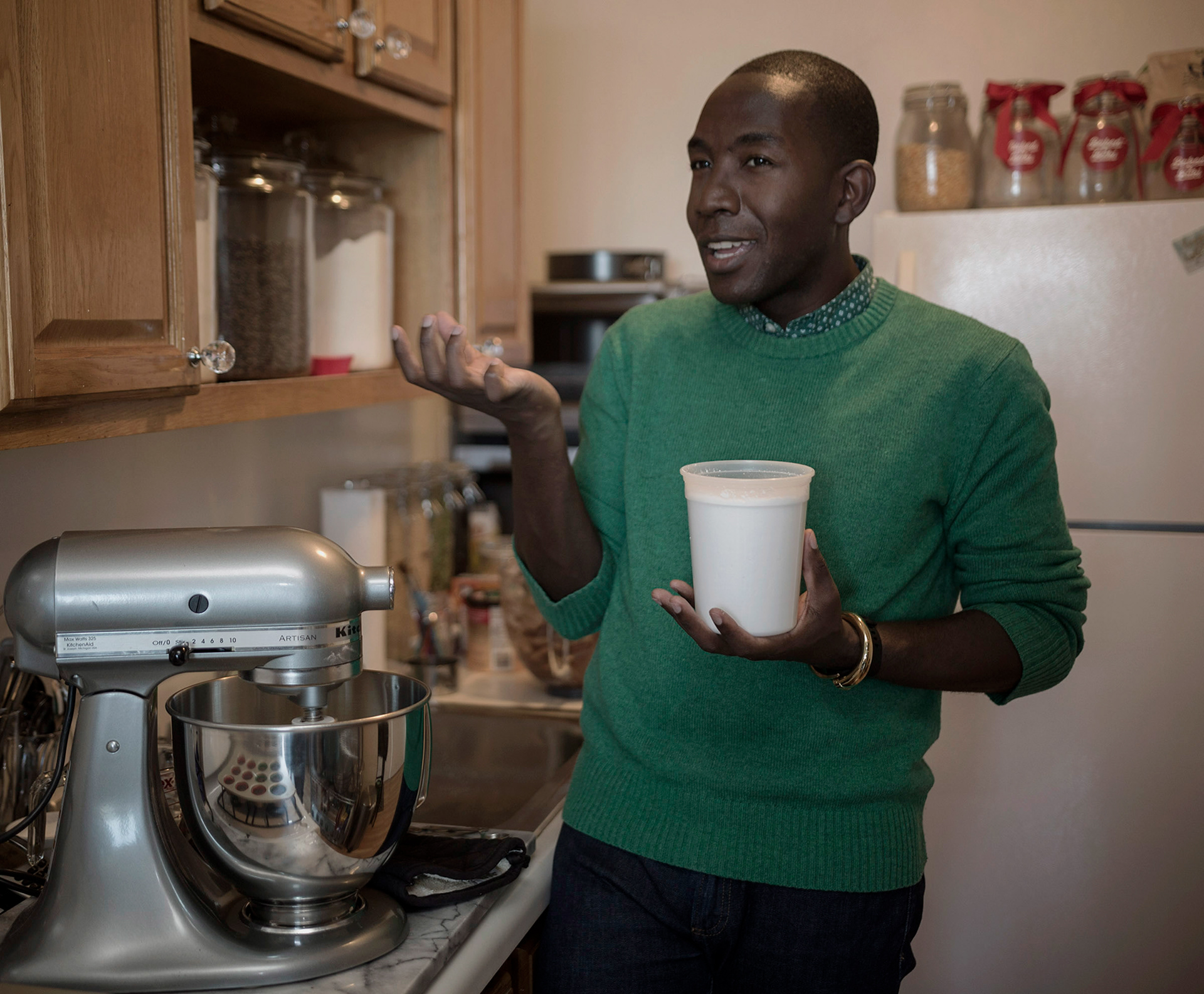 Buki Elegbede of “The Buki Show,” bakes homemade chocolate candy cane swirl cupcakes for the holiday season in Newark. (Jane Therese for Edible New Jersey)