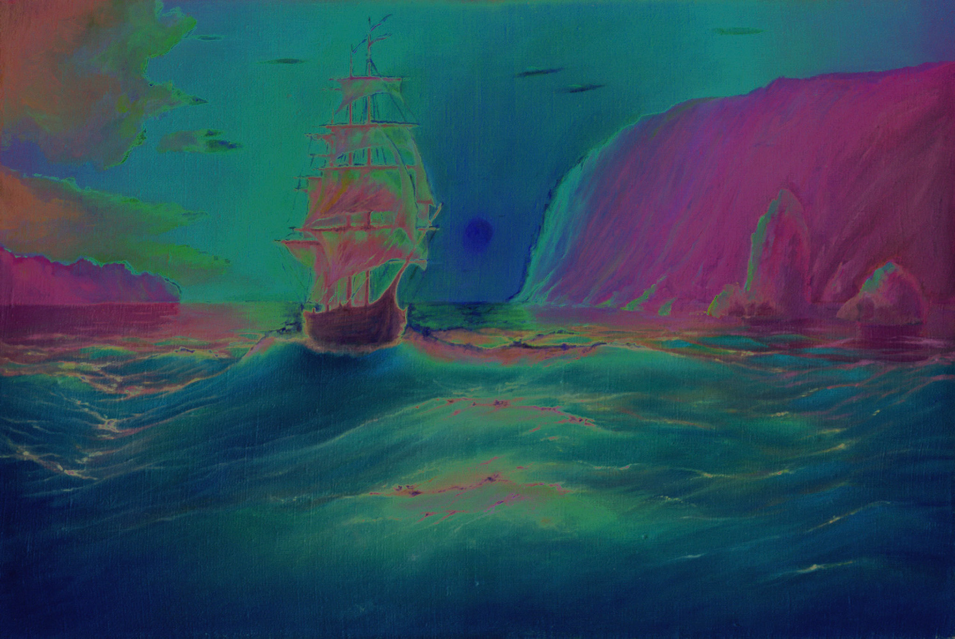 Oil painting on canvas, sea landscape background with ship, vessel in ocean drawing, its art hand drawn by oil