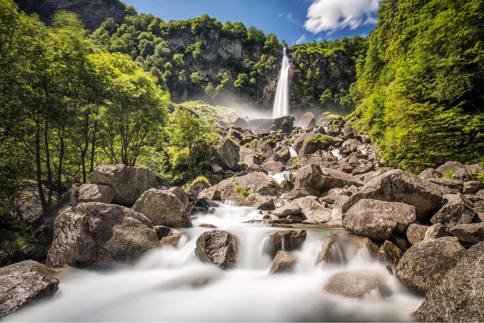 Foroglio waterfall with Swiss Alps in canton Ticino, Bavona valley, Switzerland, Europe.