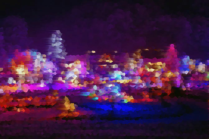 Christmas fantasy - trees and houses in lights on beautiful snowy winter night