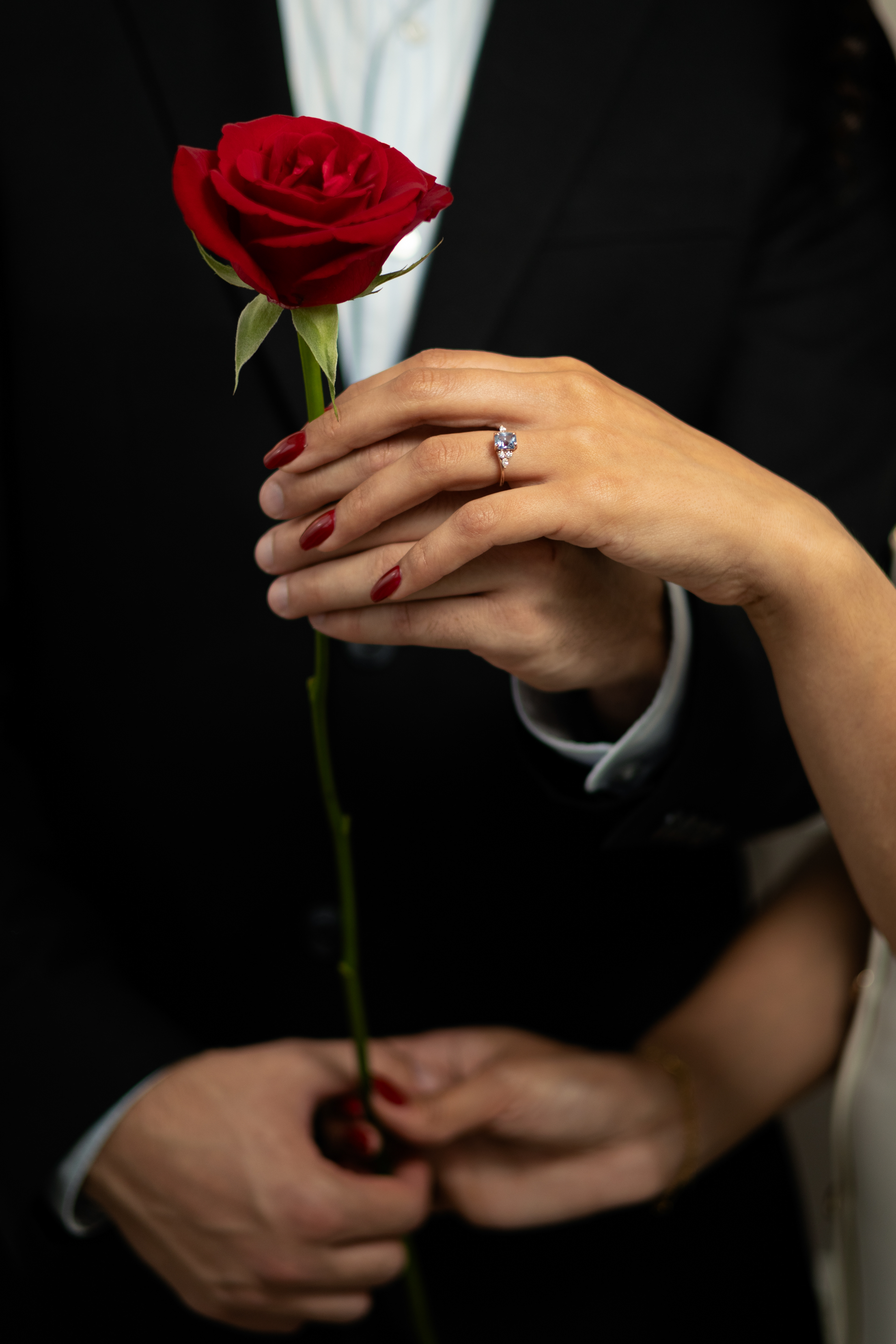 close up of rose and engagement ring