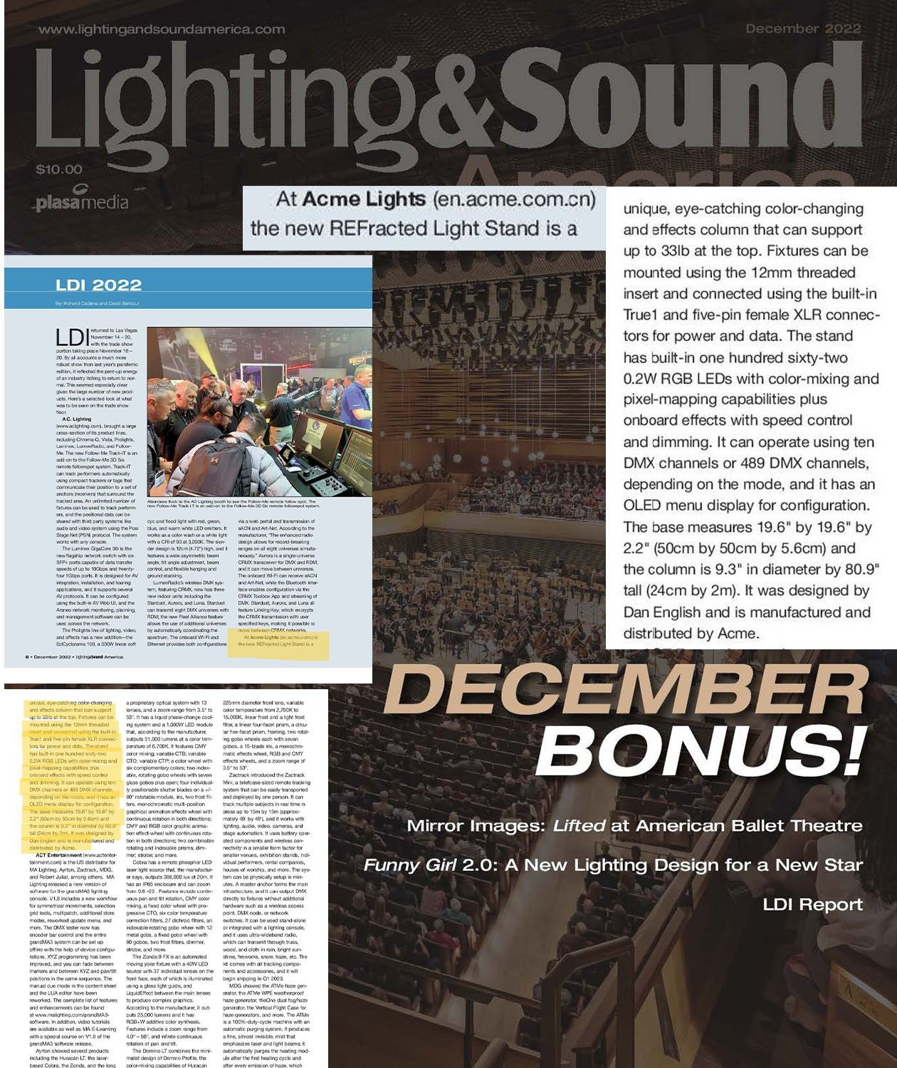 Lighting & Sound America screenshot of Magazine featuring Acme Lights New Refracted Lightstand article. Link to come.