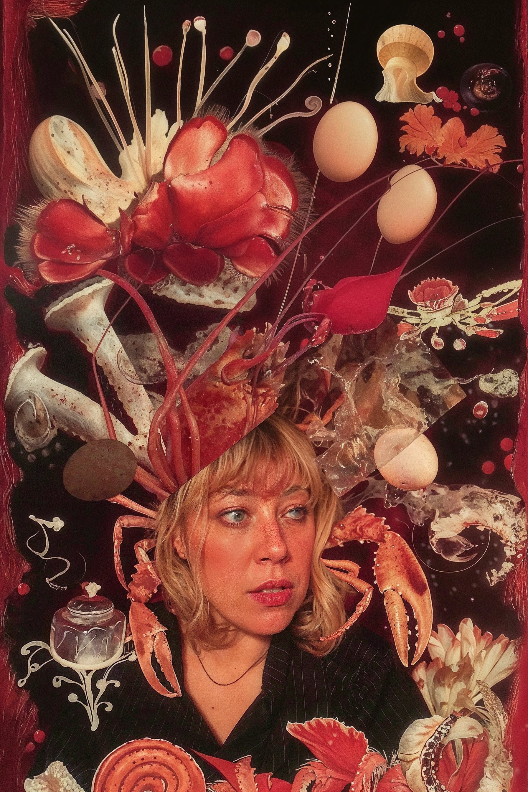 as a female gourmet chef cooking a giant lobster in a cloud of eggbubbles