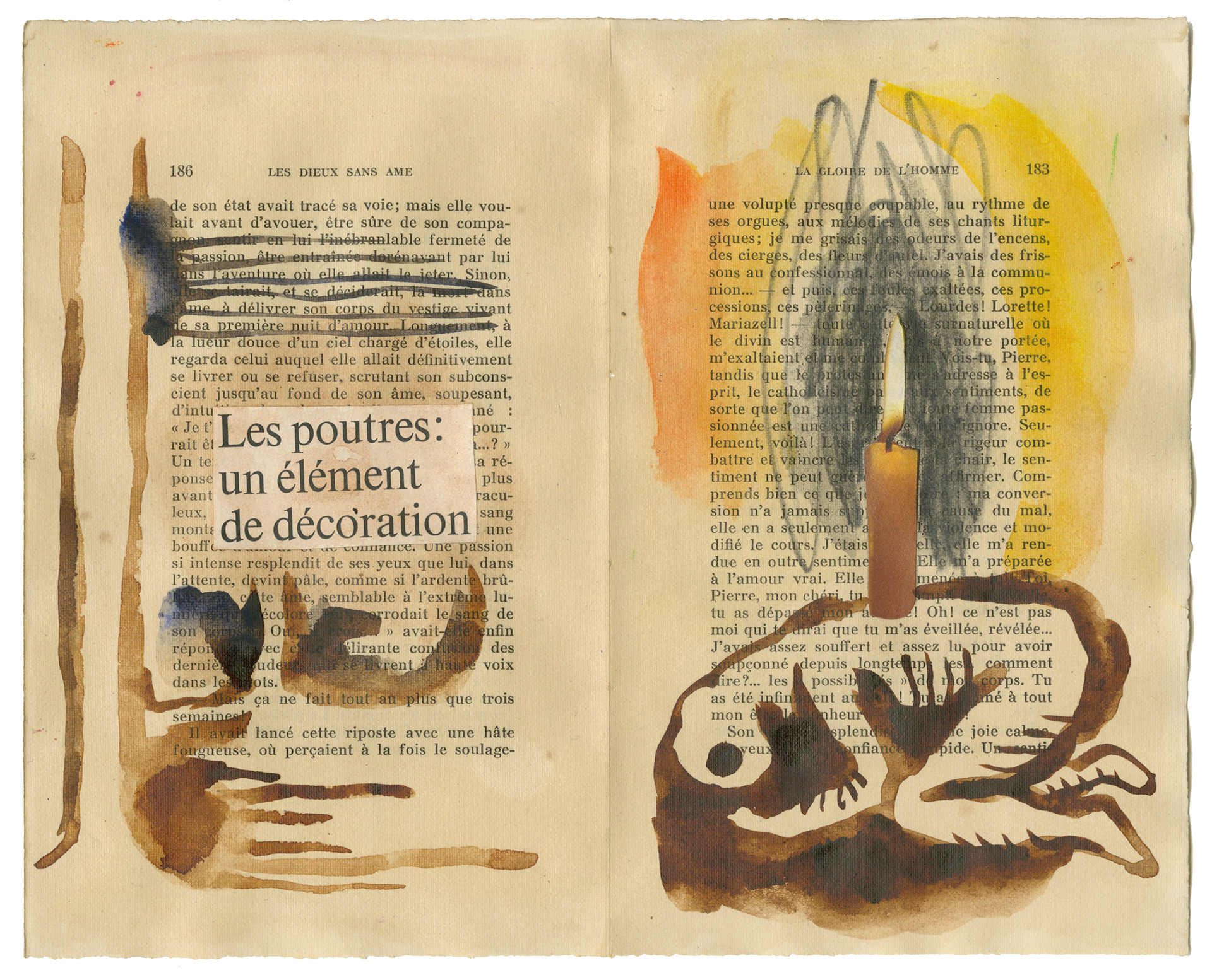 Watercolour, pencil and collage on book pages. Aquarelle, crayon et collage sur des pages de livres. 28x22,5 cm.