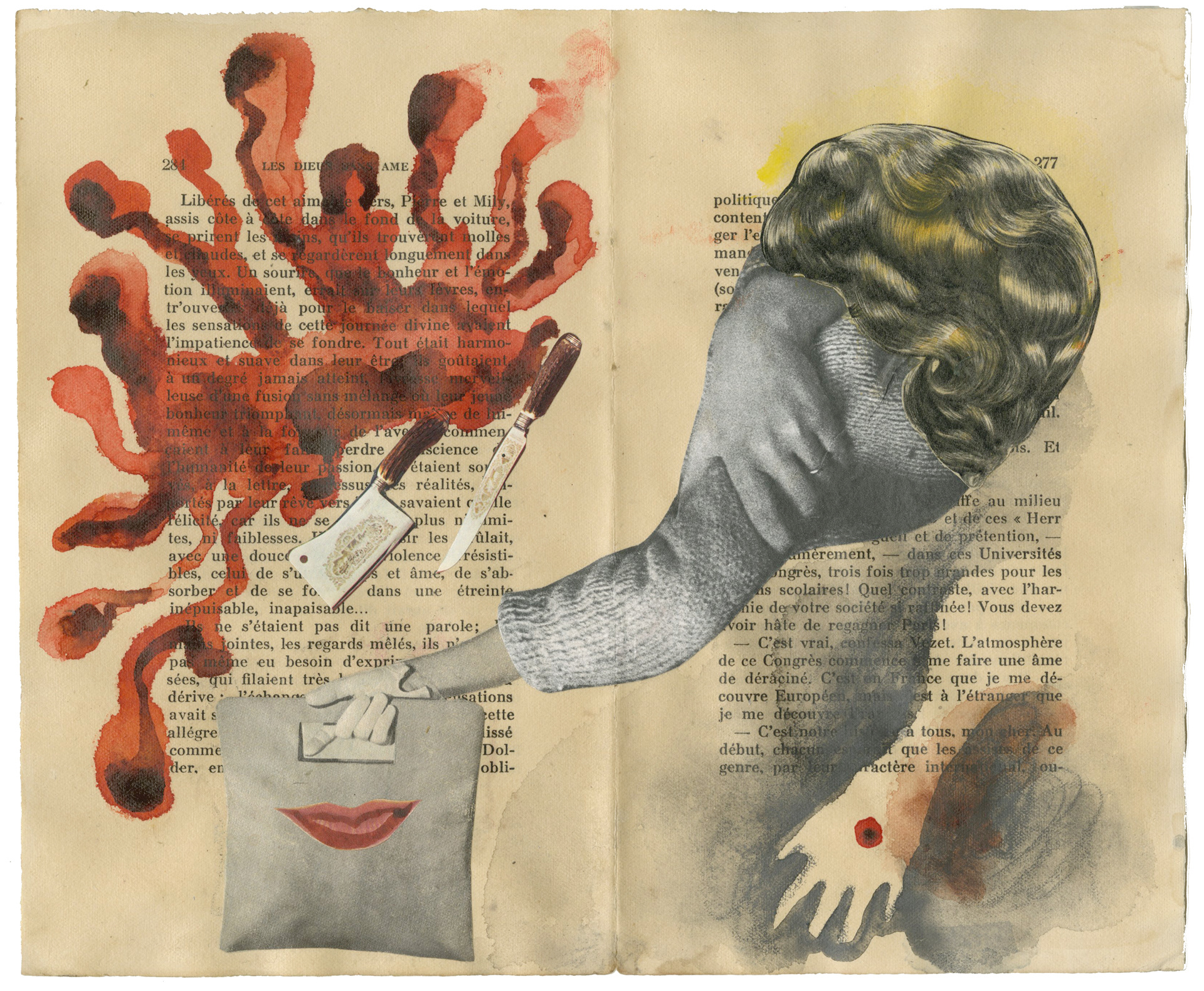 Watercolour, pencil and collage on book pages. Aquarelle, crayon et collage sur des pages de livres. 28x22,5 cm.