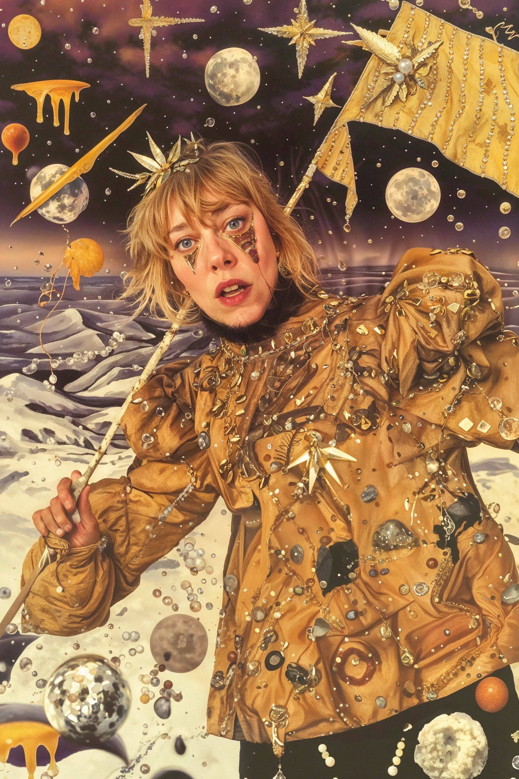 as a warllord covered in blood and jewels with a flag torn apart by a dark wind on the tundra