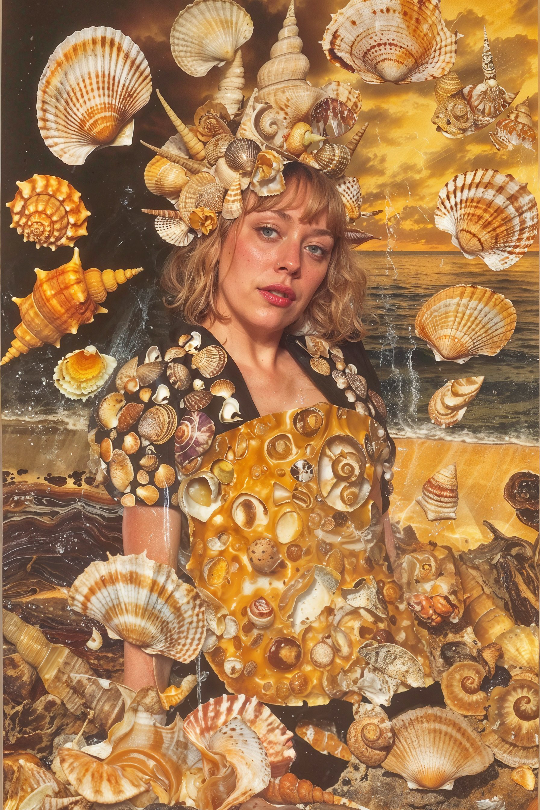 as a lady of the seashells in her armour made of mother of pearl in a splendid yellow light with a smell of amber,