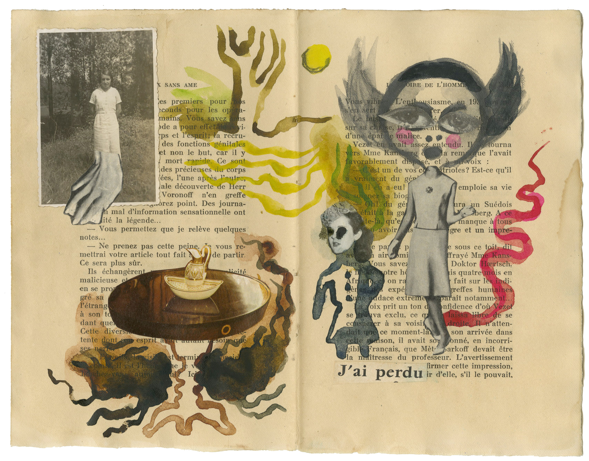 Watercolour, pencil and collage on book pages. Aquarelle, crayon et collage sur des pages de livres. 28x22,5 cm.