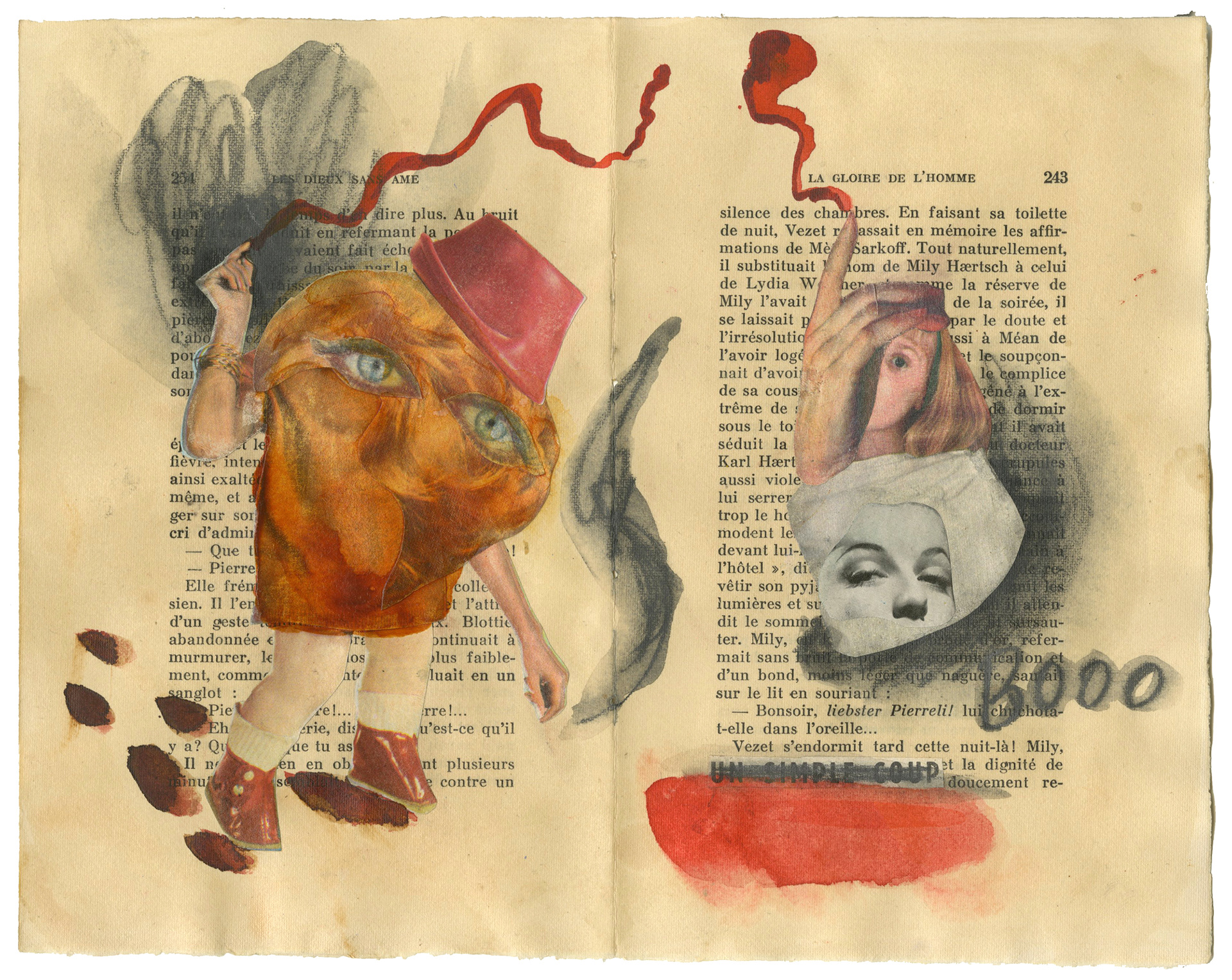 Watercolour, pencil and collage on book pages. Aquarelle, crayon et collage sur des pages de livres. 28x22,5 cm.