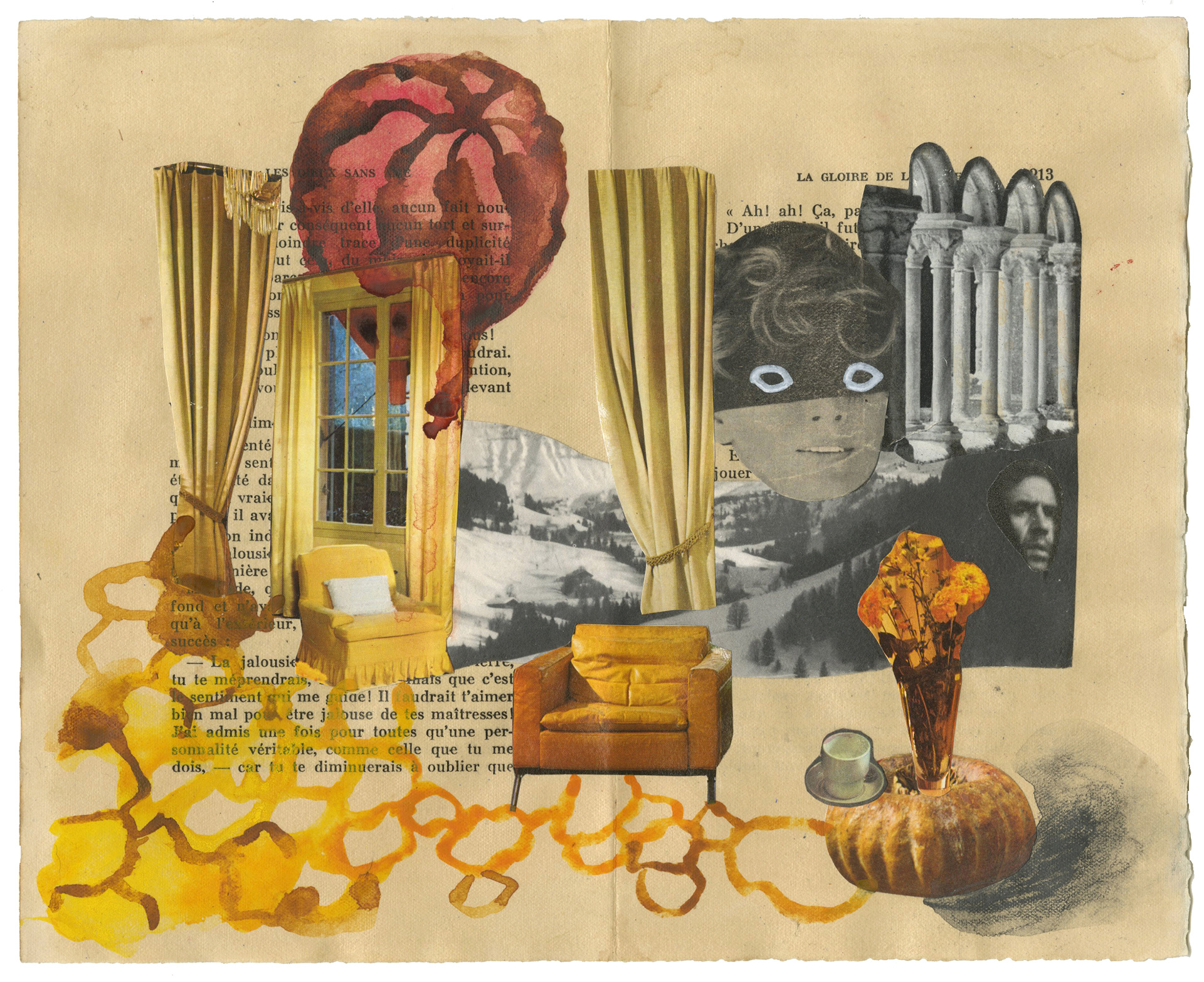 Watercolour, pencil and collage on book pages. Aquarelle, crayon et collage sur des pages de livres. 28x22,5 cm.