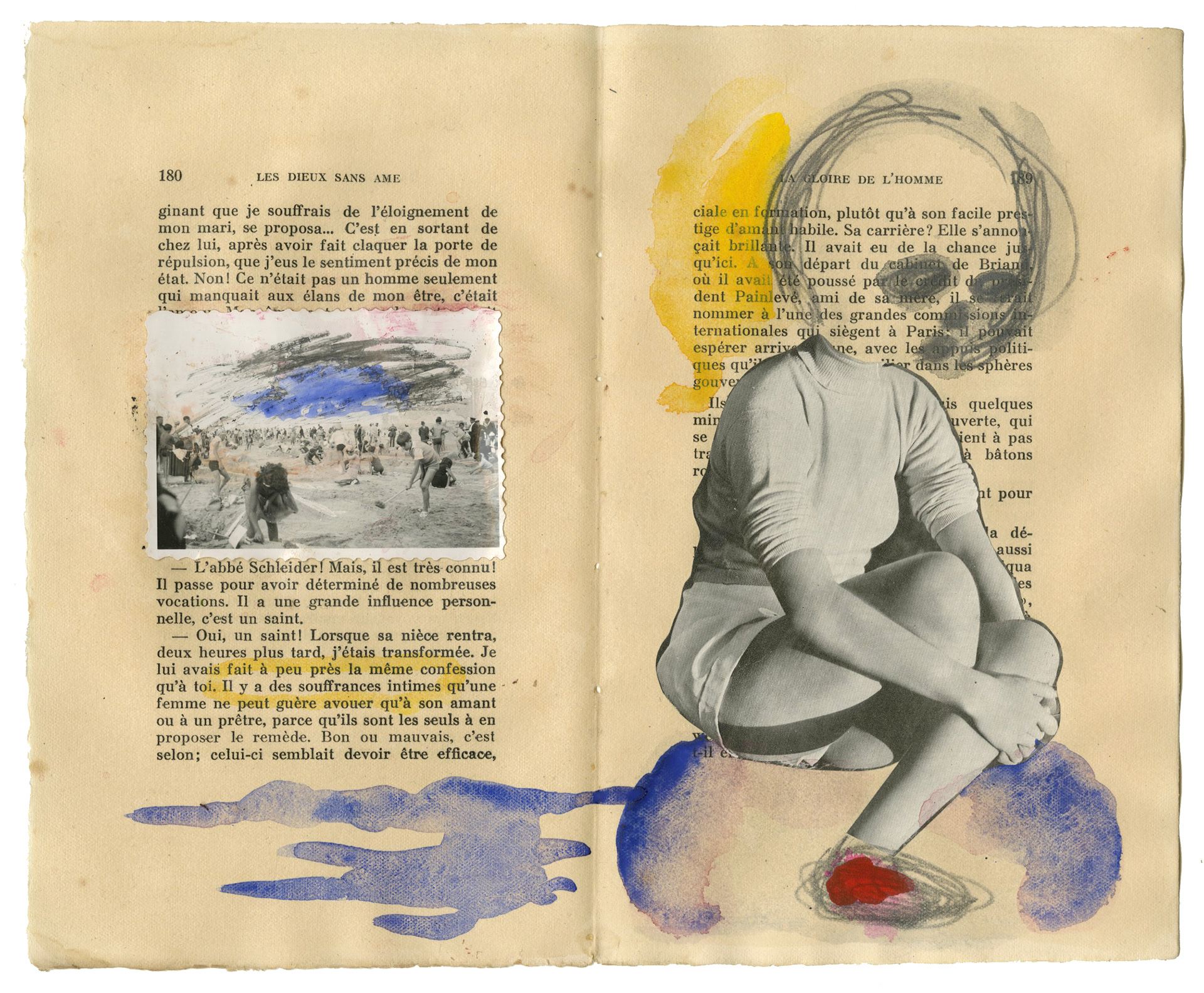 Watercolour, pencil and collage on book pages. Aquarelle, crayon et collage sur des pages de livres. 28x22,5 cm.