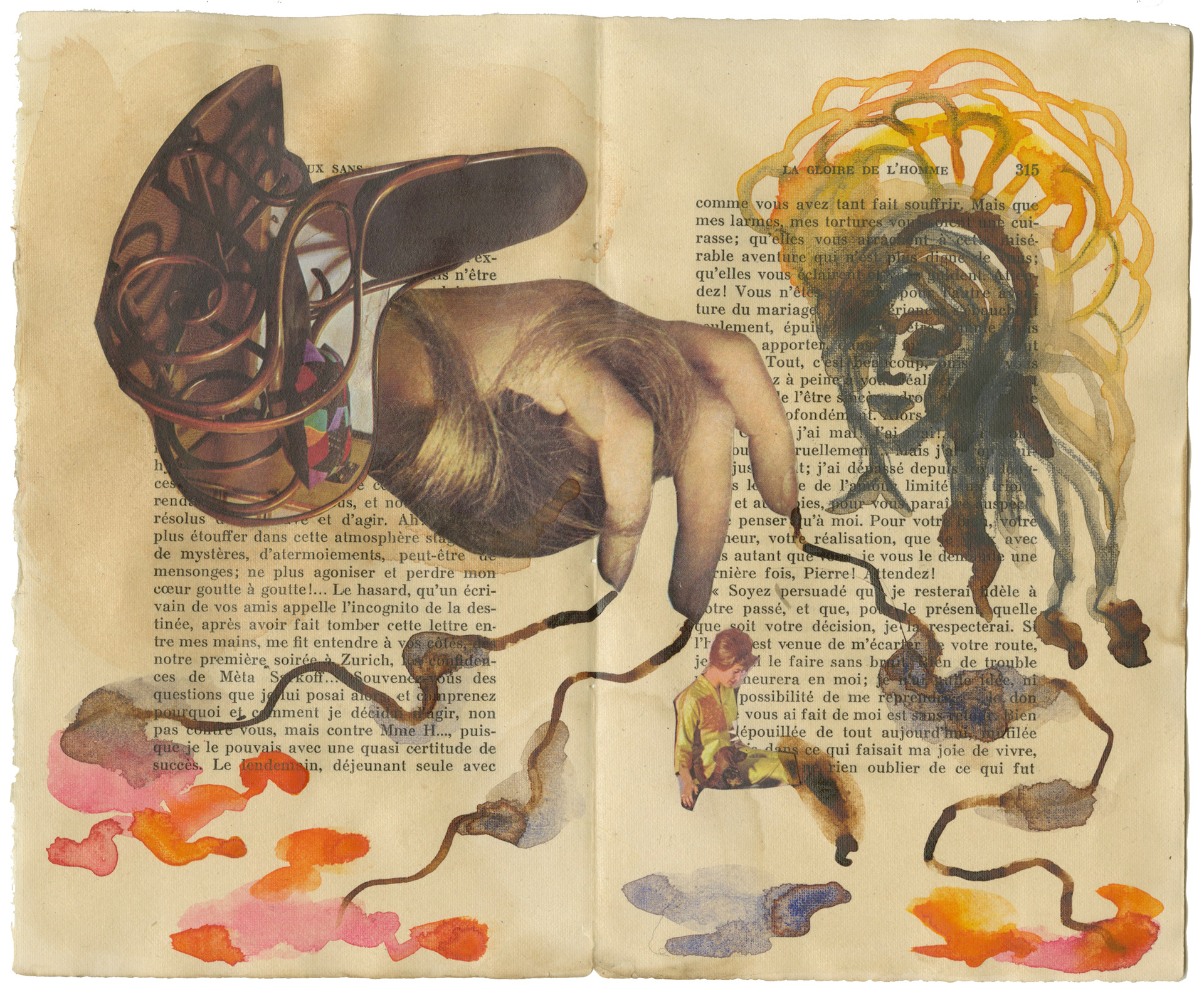 Watercolour, pencil and collage on book pages. Aquarelle, crayon et collage sur des pages de livres. 28x22,5 cm.