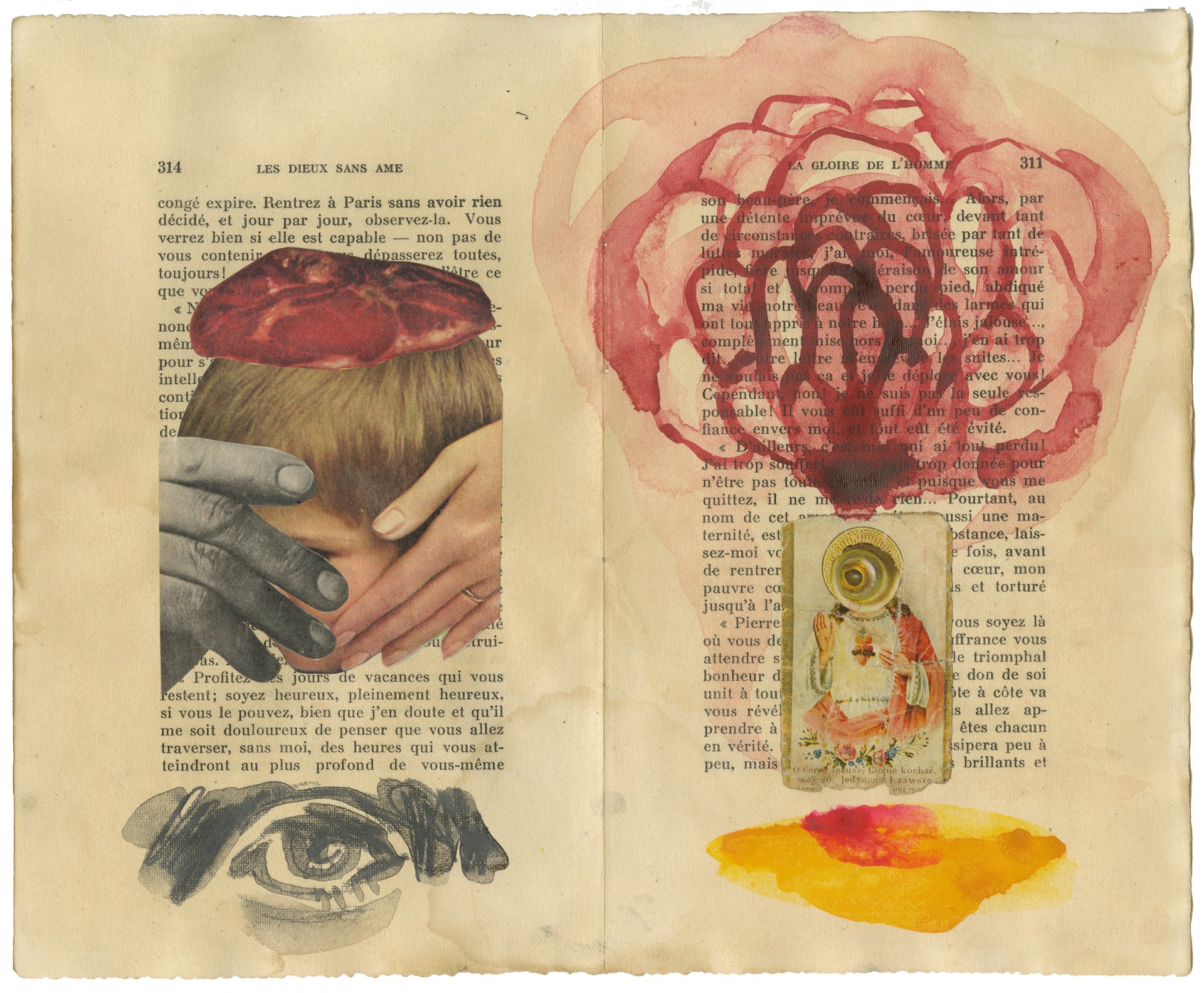 Watercolour, pencil and collage on book pages. Aquarelle, crayon et collage sur des pages de livres. 28x22,5 cm.