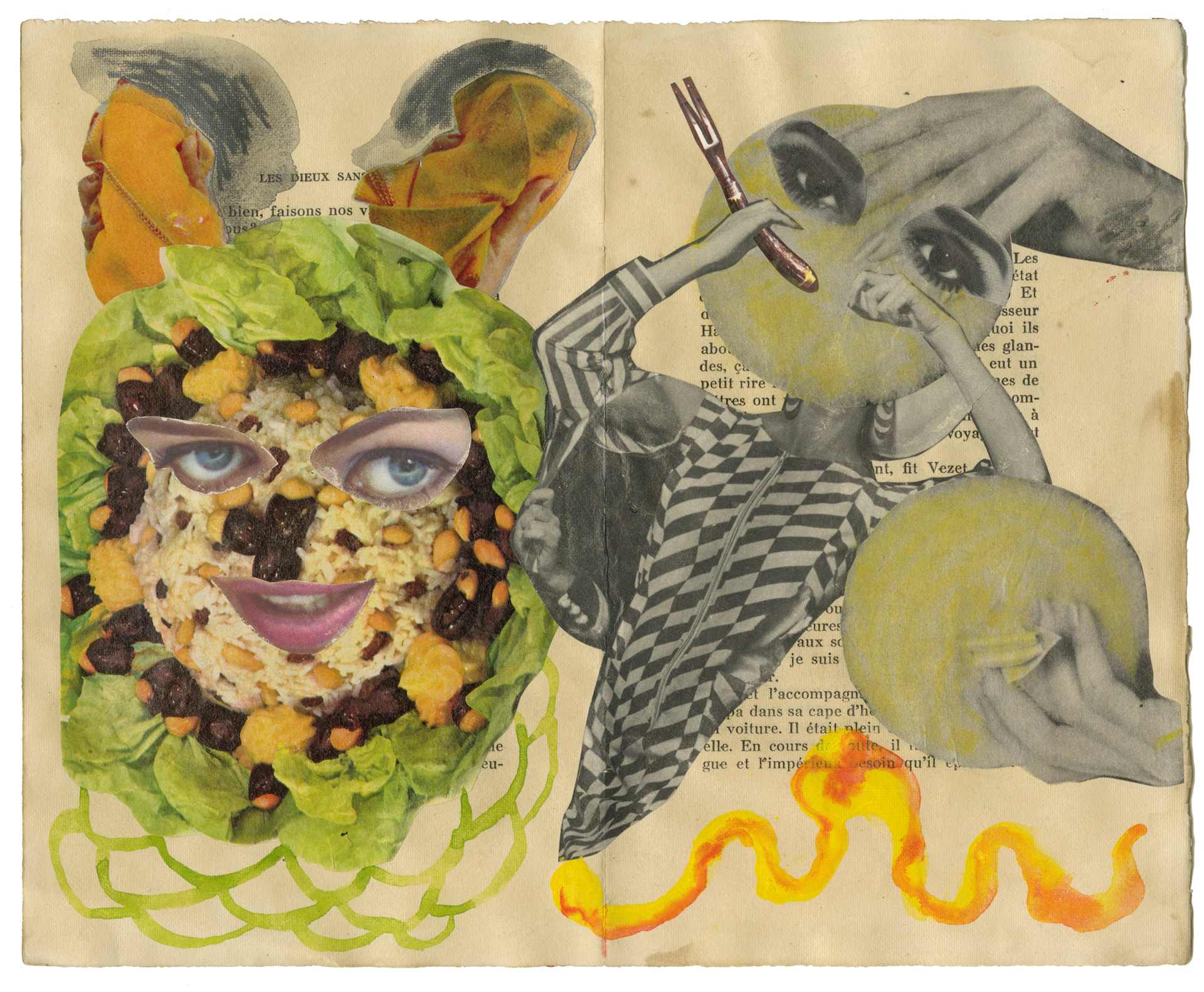 Watercolour, pencil and collage on book pages. Aquarelle, crayon et collage sur des pages de livres. 28x22,5 cm.
