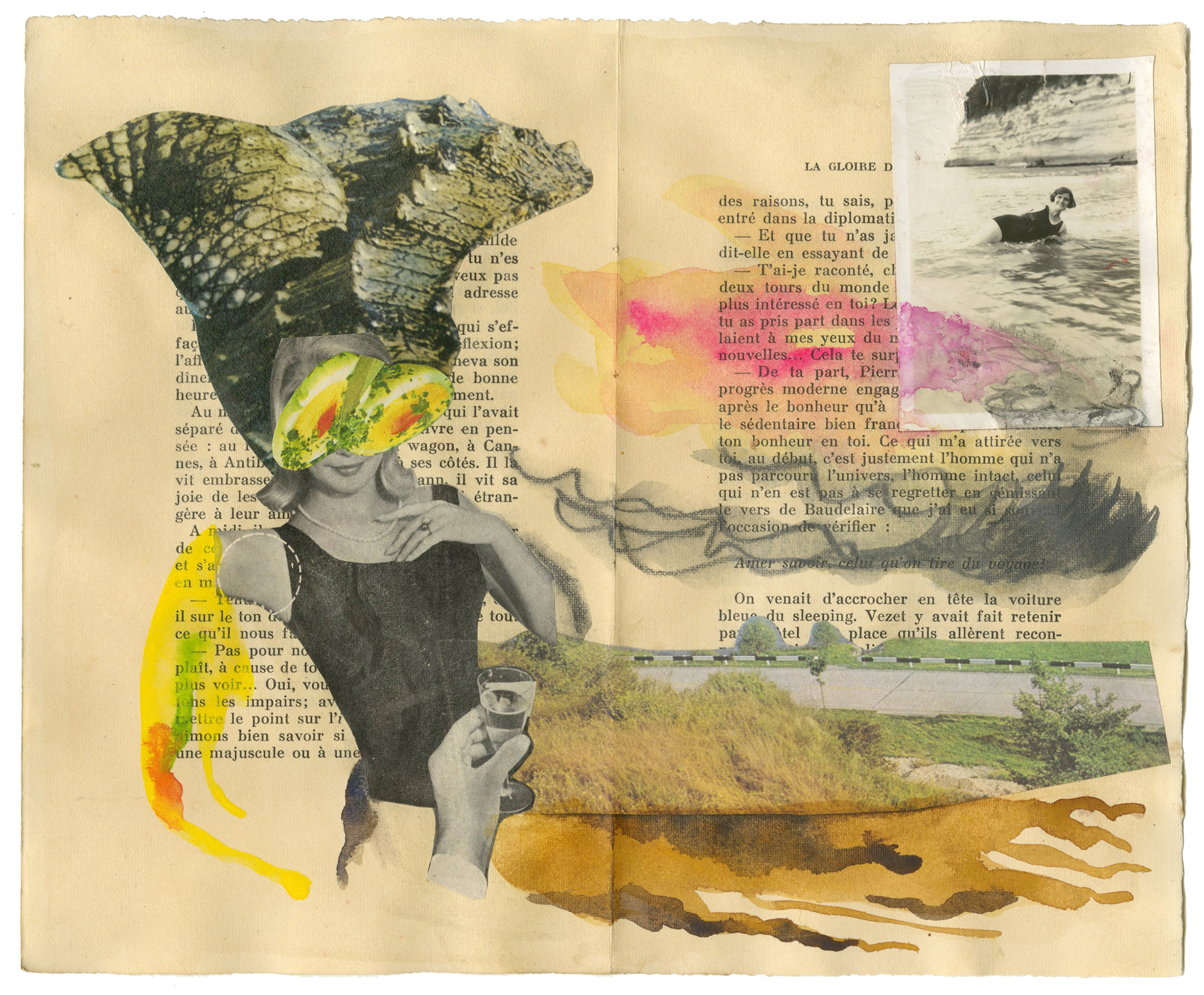 Watercolour, pencil and collage on book pages. Aquarelle, crayon et collage sur des pages de livres. 28x22,5 cm.