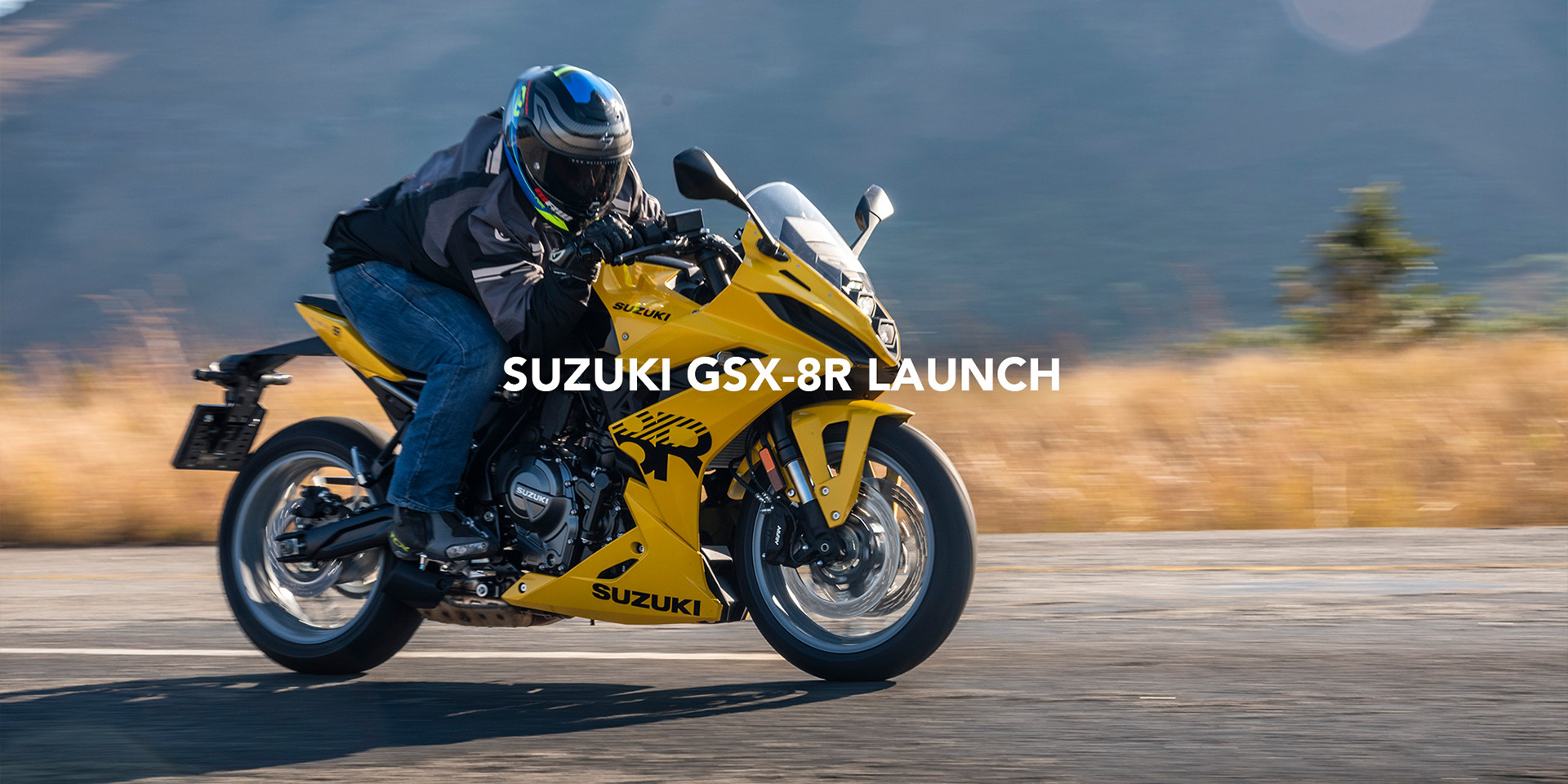yellow suzuki gsx-8r speeding down a mountain road at sunset photographed by black rock studio for Suzuki motorcycles south africa for the local launch of the new motorcycle