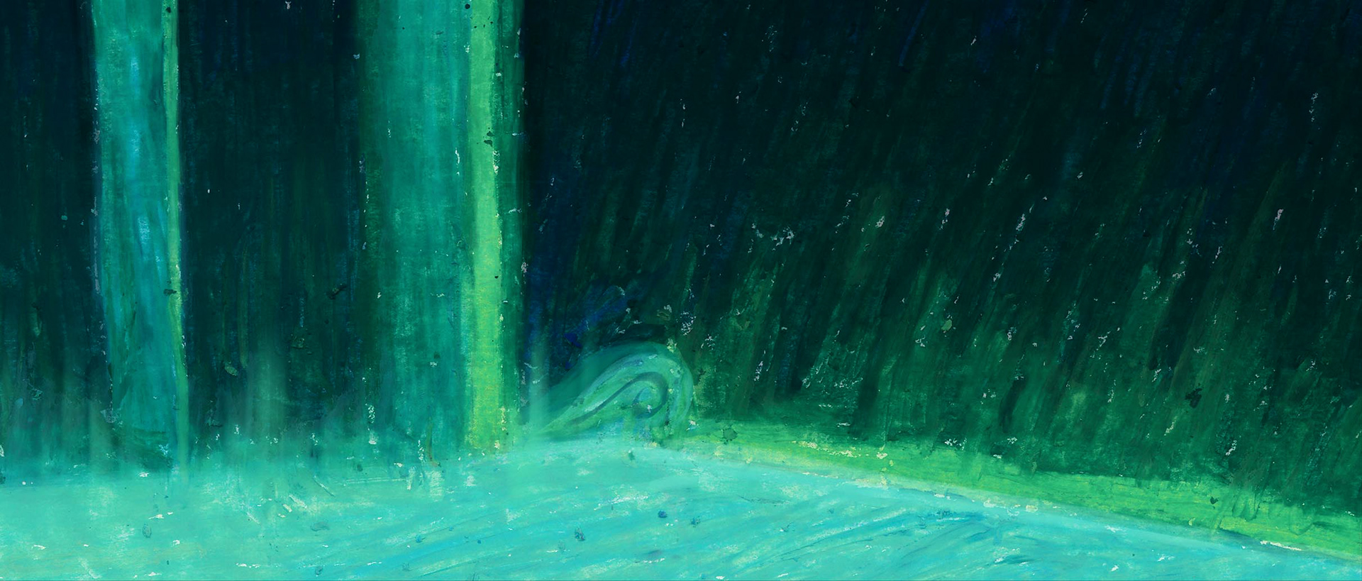 Fall of the Ibis King graduation film stage oil pastel background.