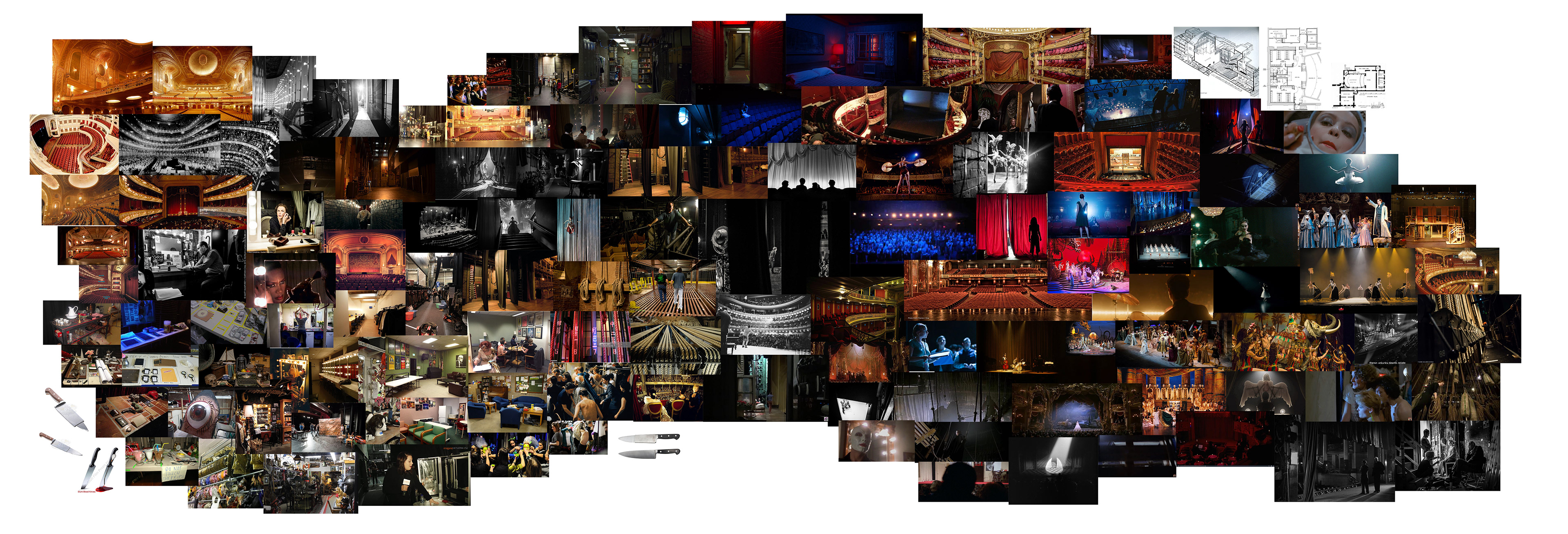 Location research mood board. Birdman, Theater Backstage, Rope Pulley System