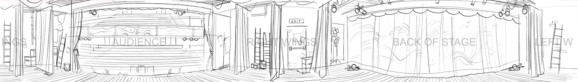 360 degree theater layout concept sketch for animated short film.