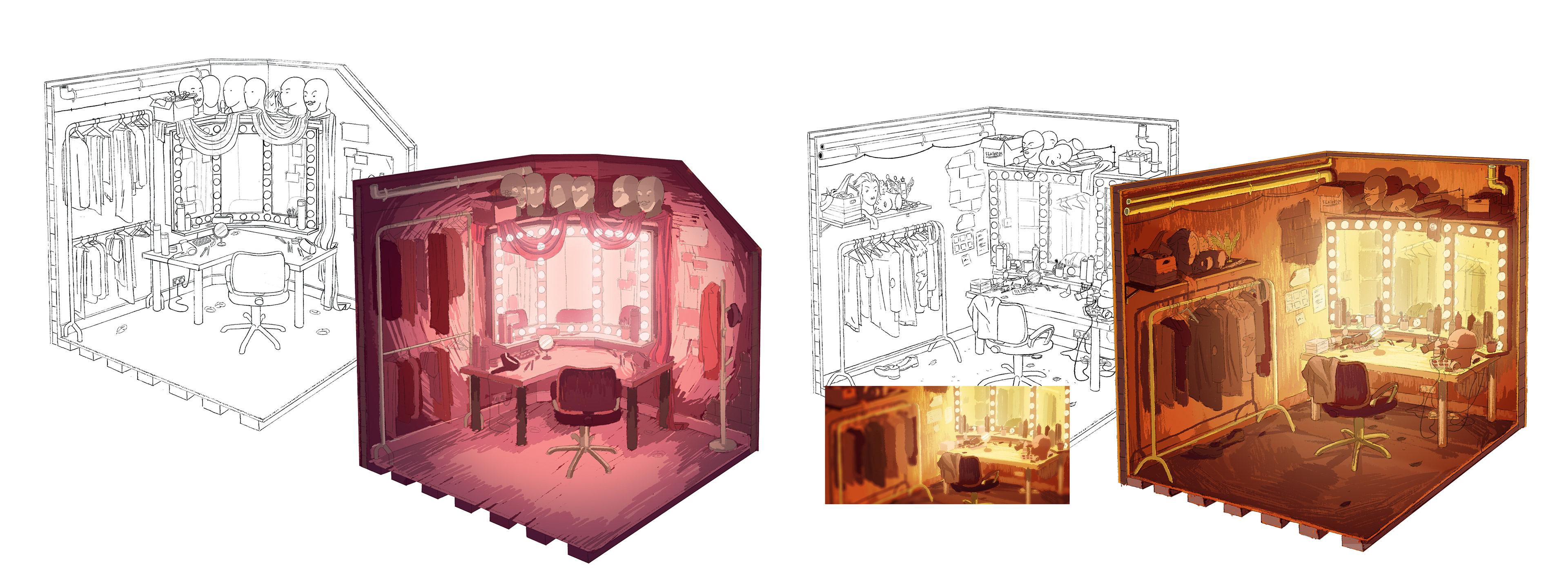 Kate and Djakubs costume rooms. Layout and colour concepts.