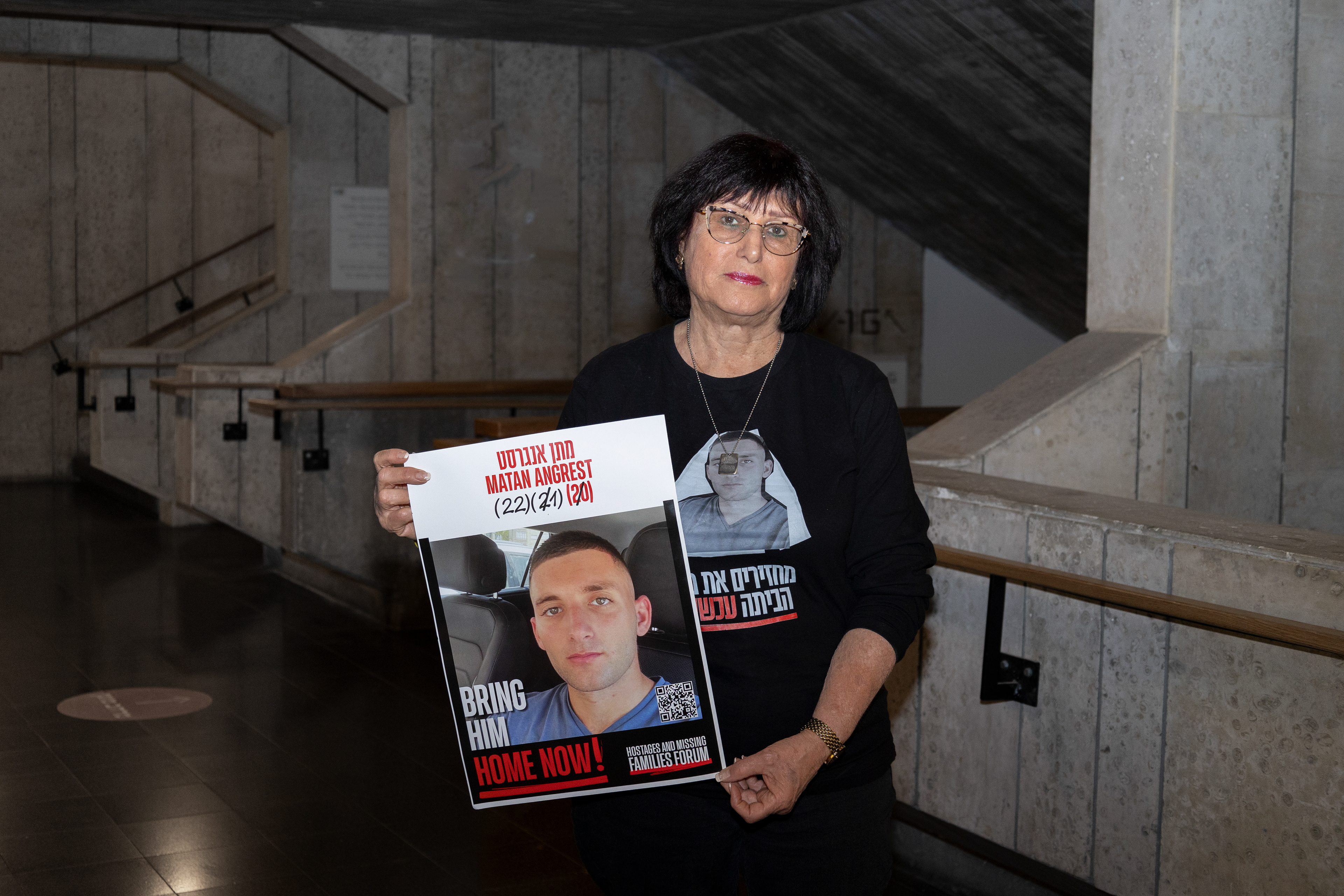 Rina Angrest calls for the return of captive Matan Angrest, her grandson, at the hostage square in Tel Aviv.