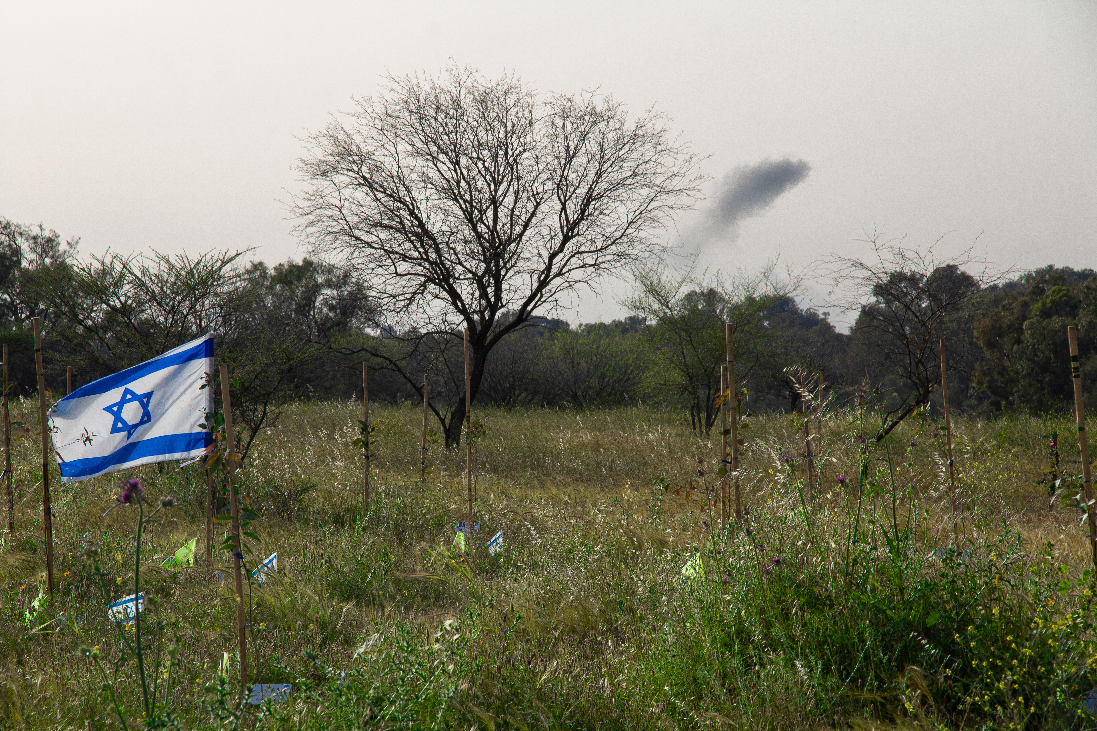 An Israeli flag planted near from the site of the Nova festival.