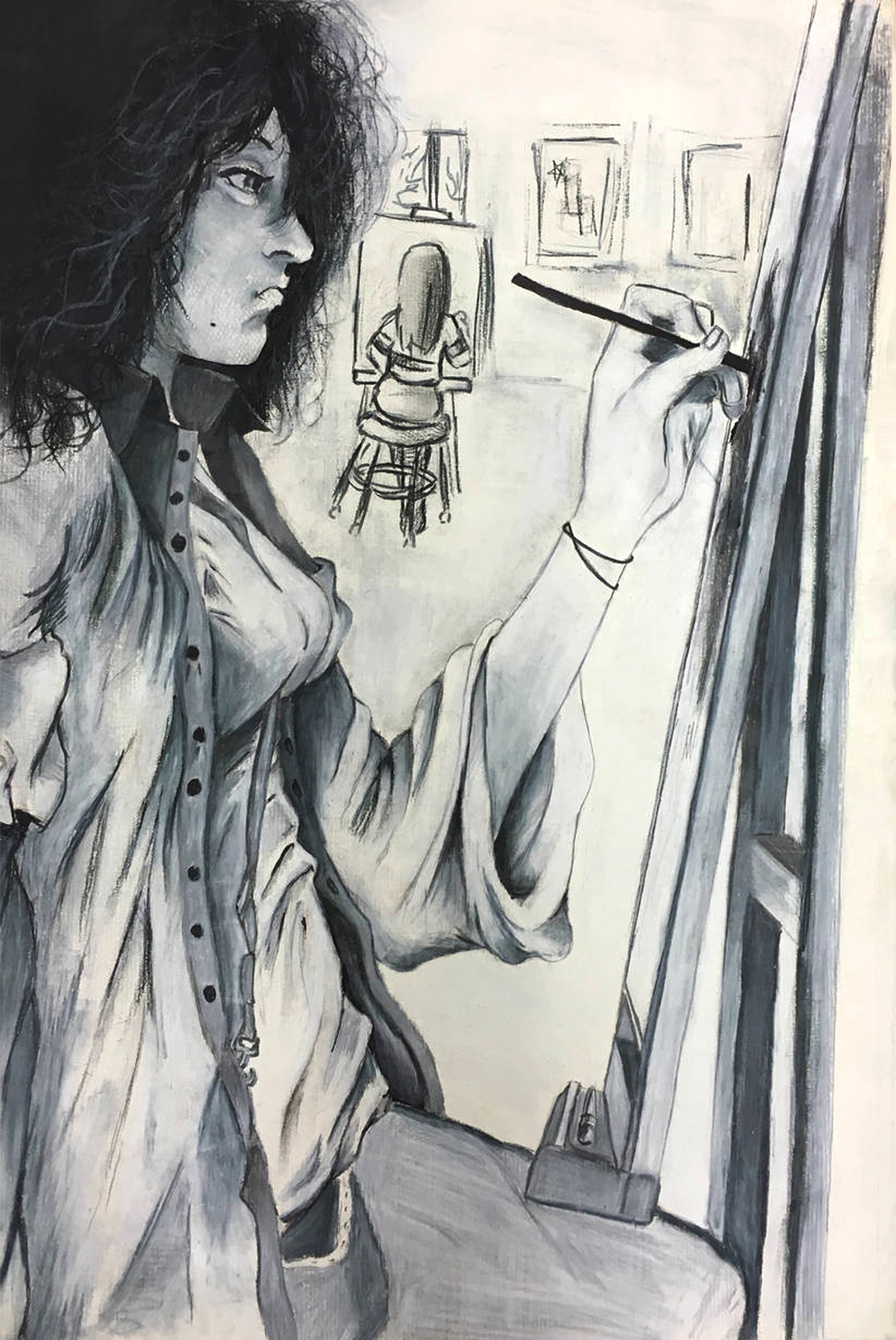 Shows Sasha Cubero in the foreground drawing while there is a girl in the background drawing.