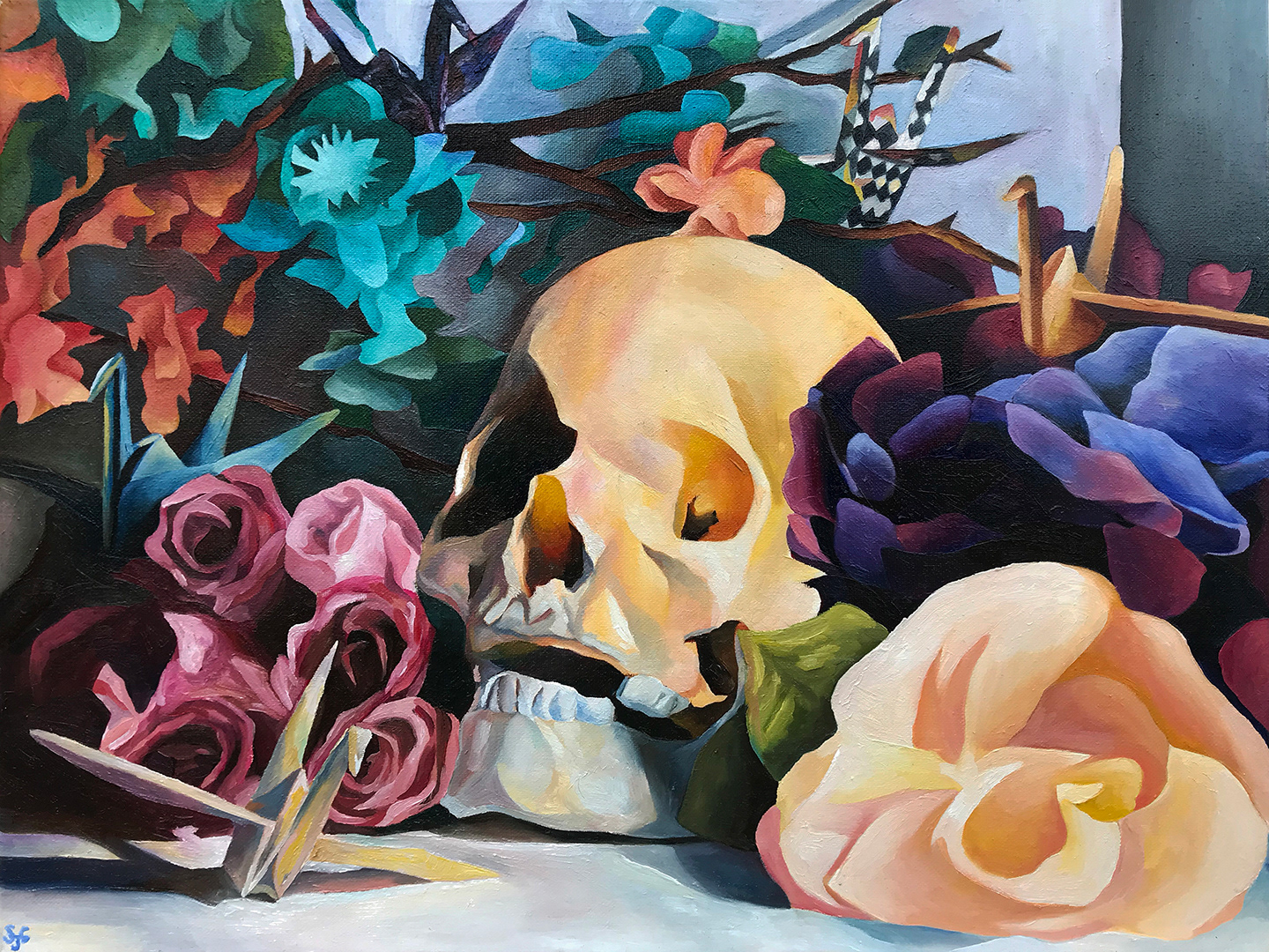 Shows an oil painting with a skull in the foreground surrounded by flowers and paper cranes.