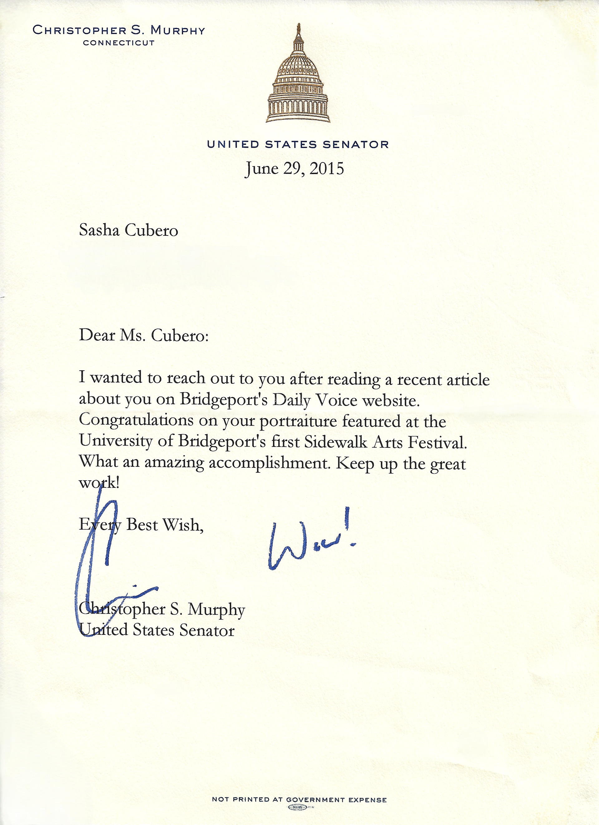 This shows a hand-written letter from Connecticut Senator Christopher Murphy congratulating me for getting on the Bridgeport newspaper article.