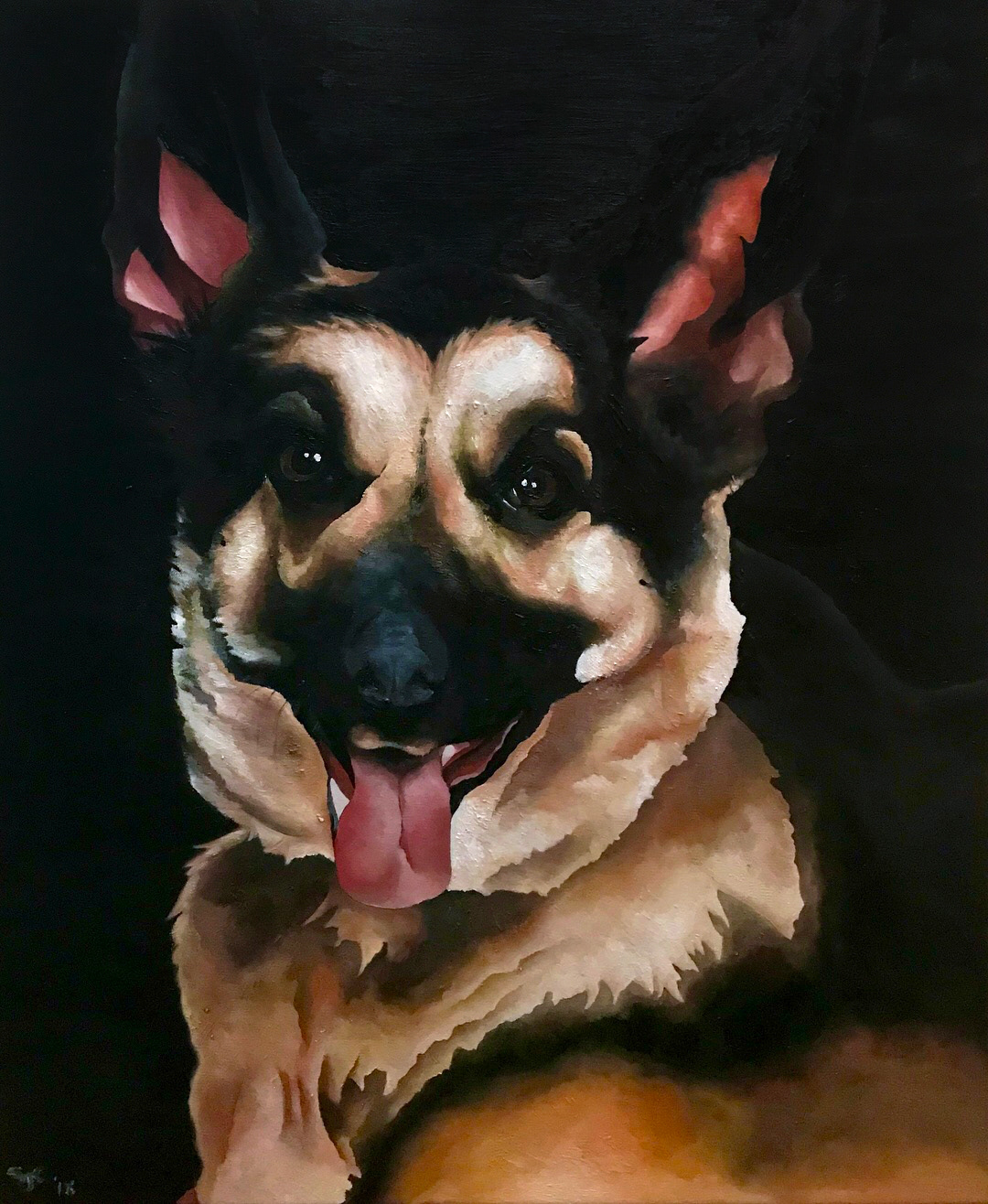 Shows an oil painting of a German Shepherd named Mia.