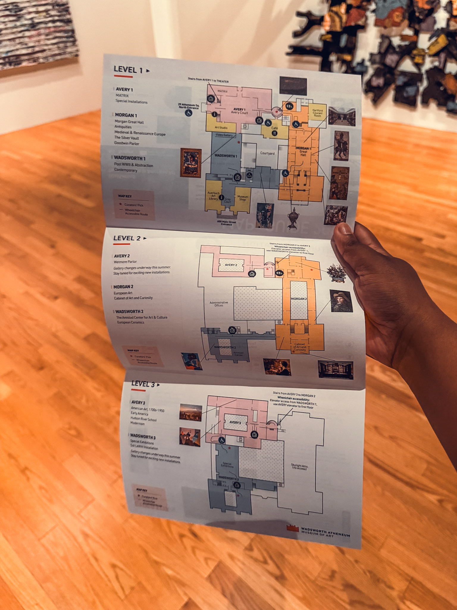Shows a map of the Wadsworth Museum.