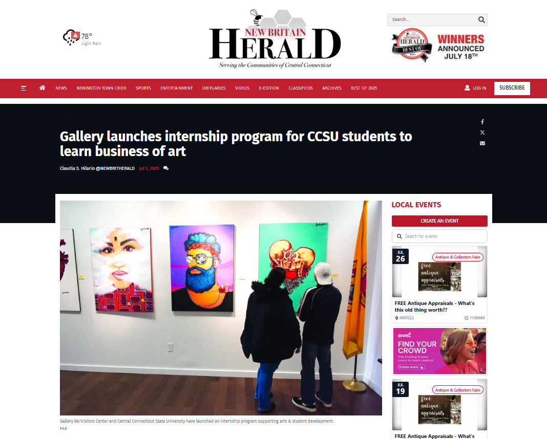 Shows a screenshot that talks about Gallery 66 launching it's first internship program for CCSU students and shows two people looking at an artwork in the gallery.