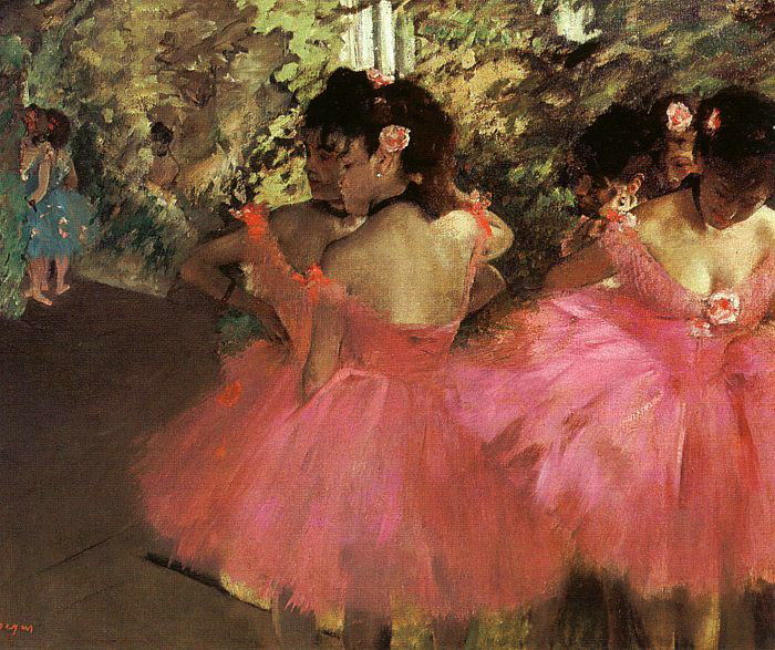 This is a painting showing ballerinas wearing pink tutus.