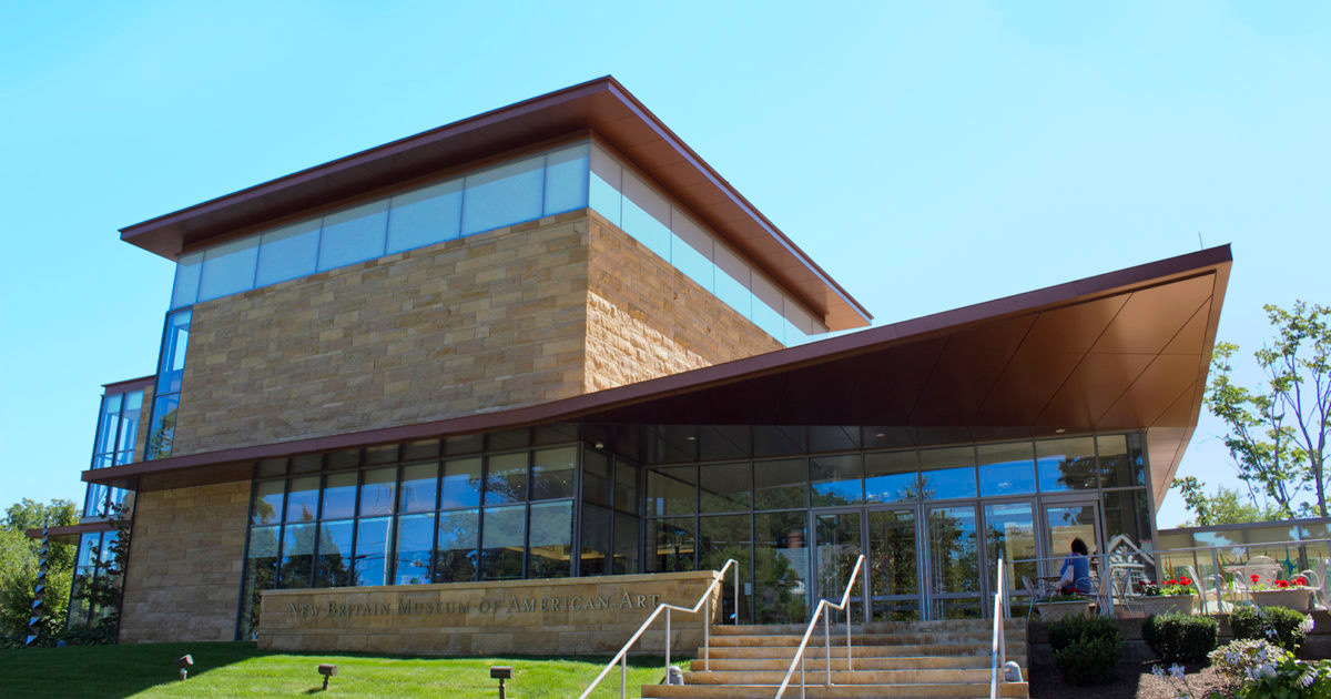 This shows the front view of the New Britain Museum of American Art.