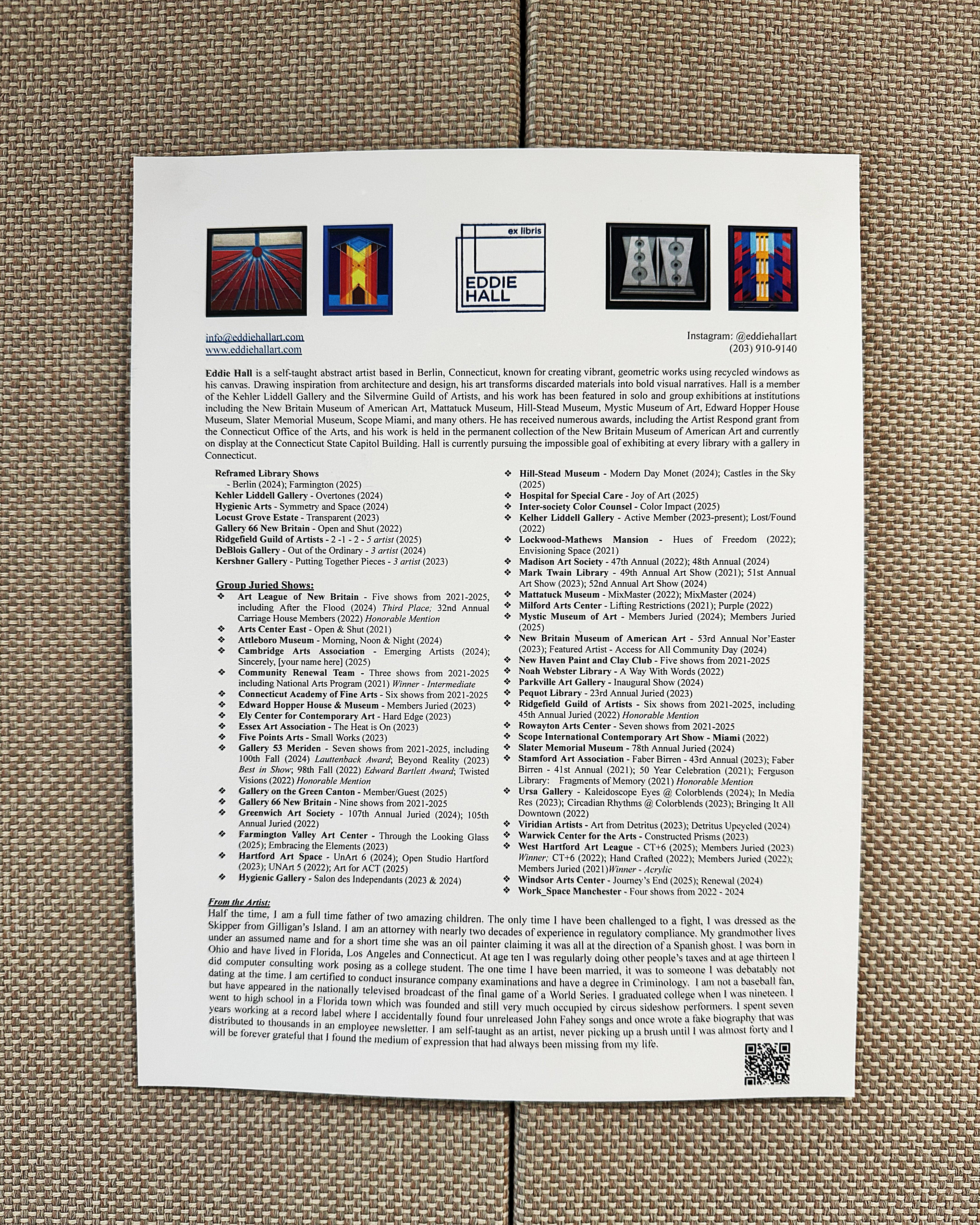 Shows a sheet that lists all of Eddie's artworks in this exhibition.