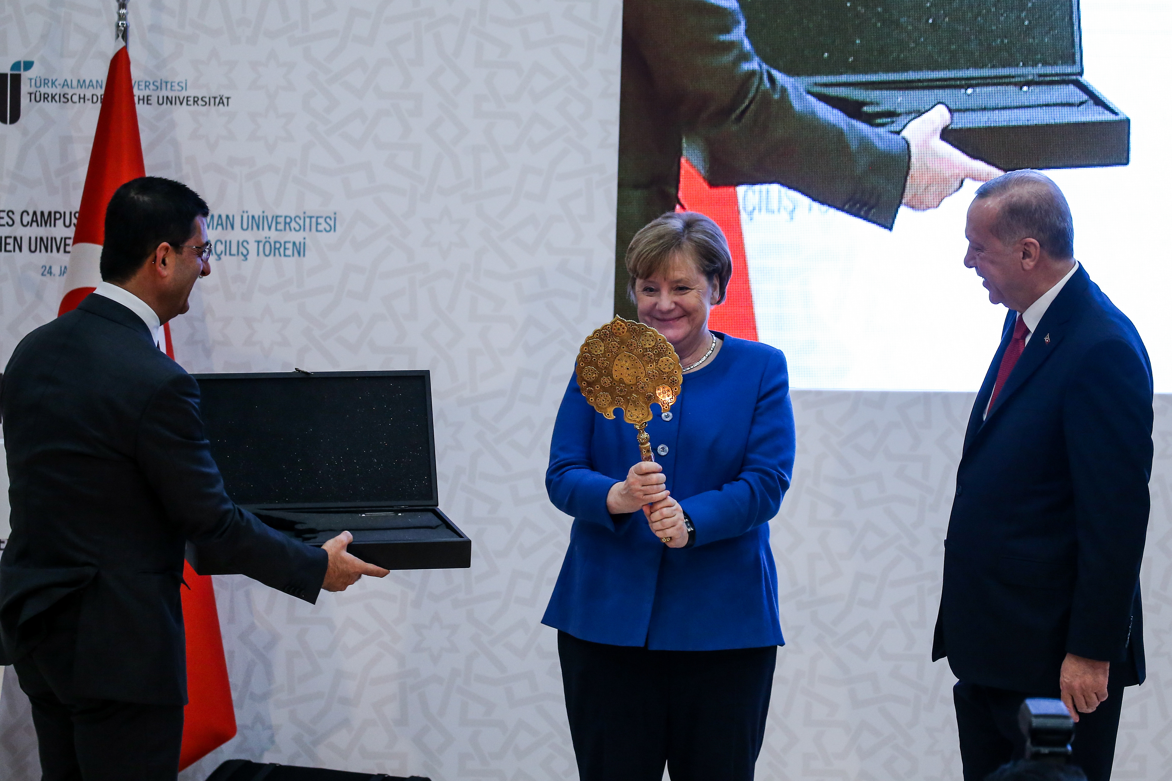 Angela Merkel and Recep Tayyip Erdogan at Türkisch-Deutsche Universität, 2021