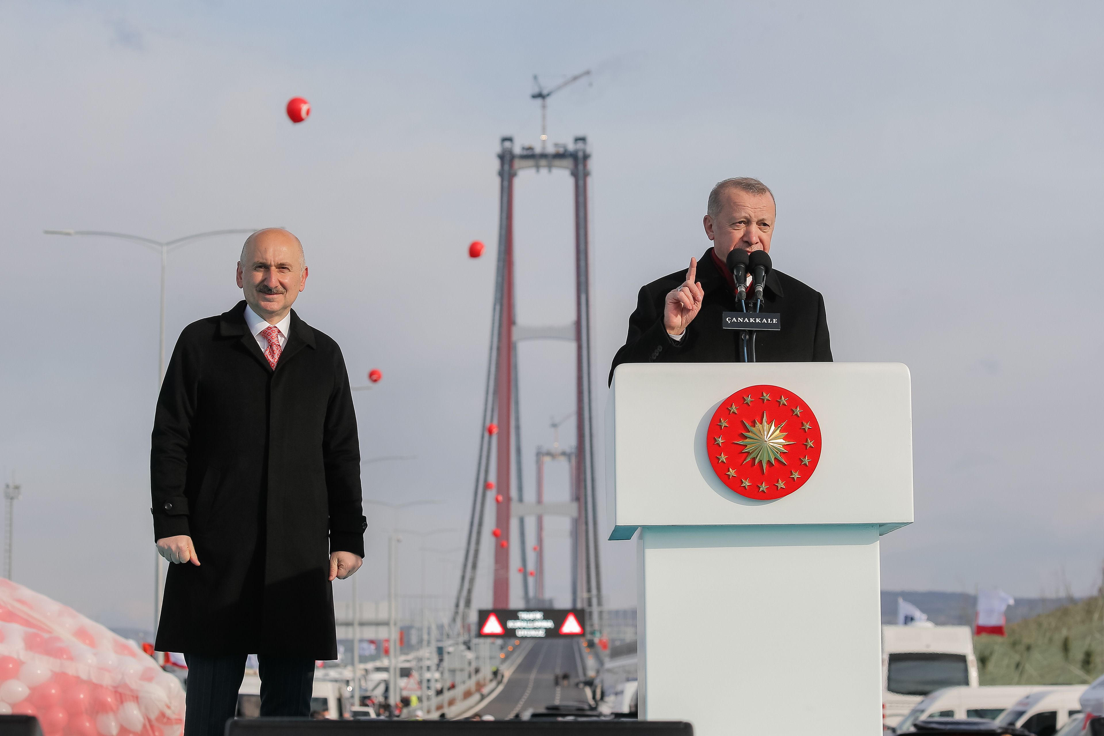 Recep Tayyip Erdoğan and Adil Karaismailoğlu during the opening Ceremony of Çanakkale Bridge, 2022