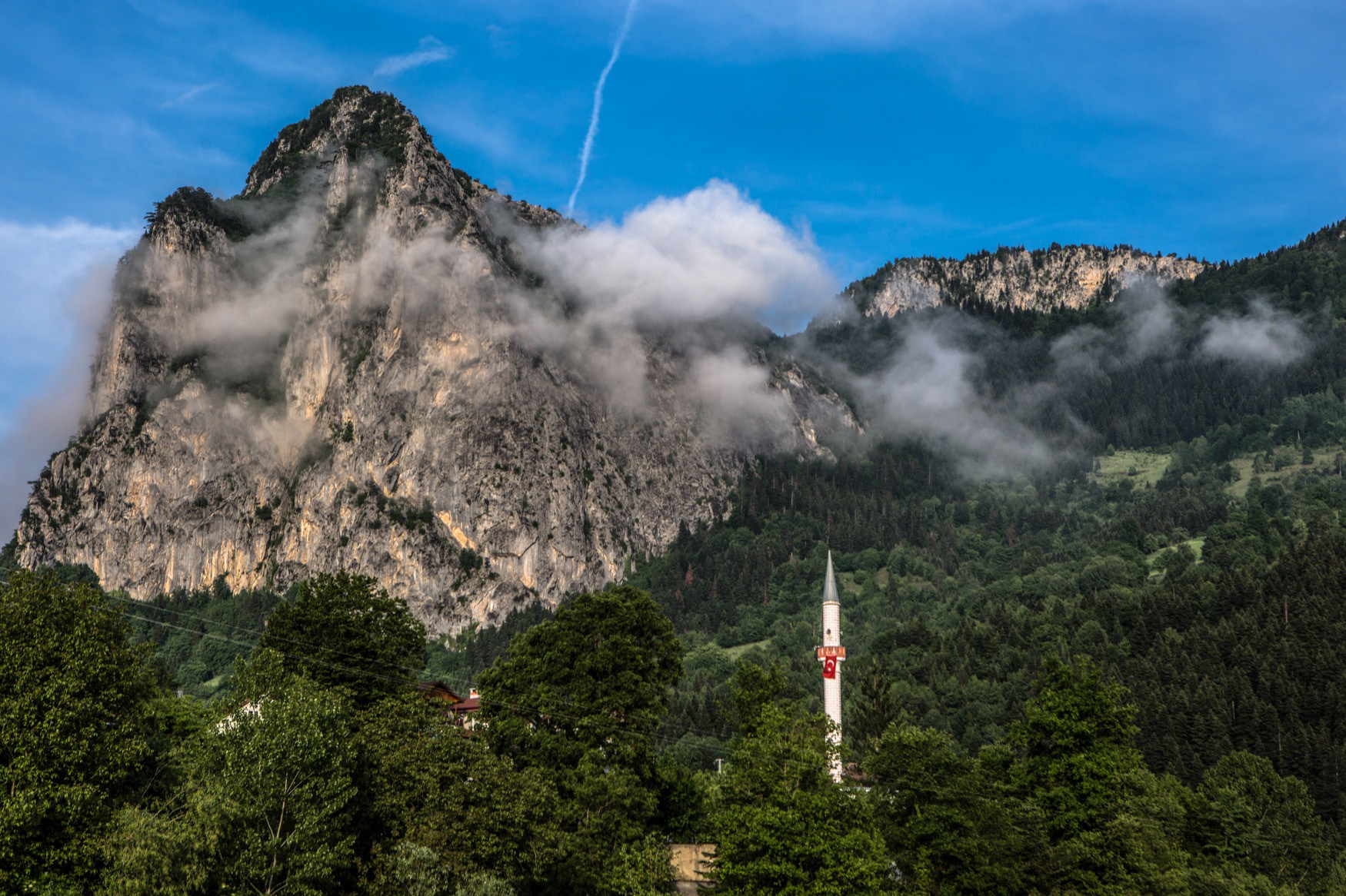 Flag on a minaret in a village, Cide Mountain, Kastamonu, Blacksea, 2017