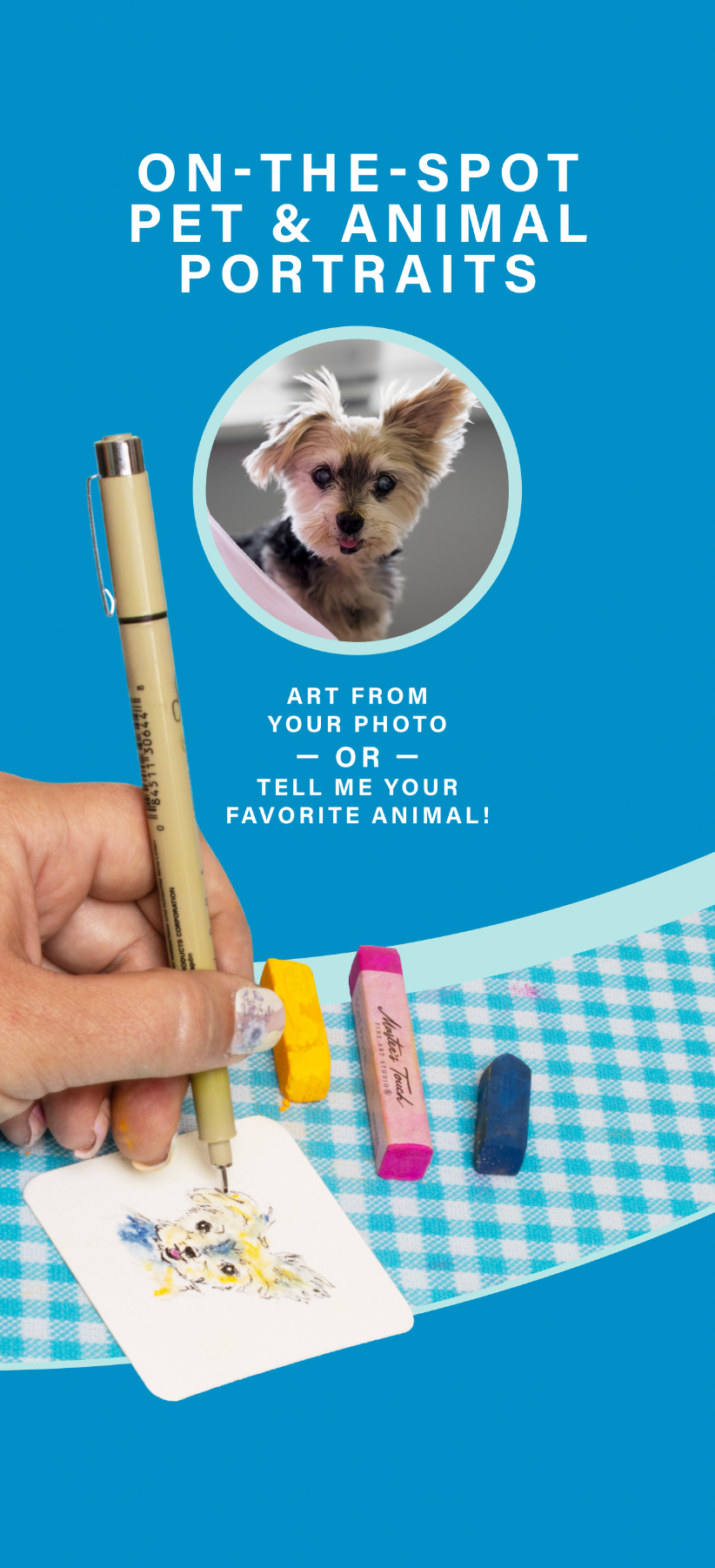 image advertising live pet and animal portrait sketches tailored for special events.