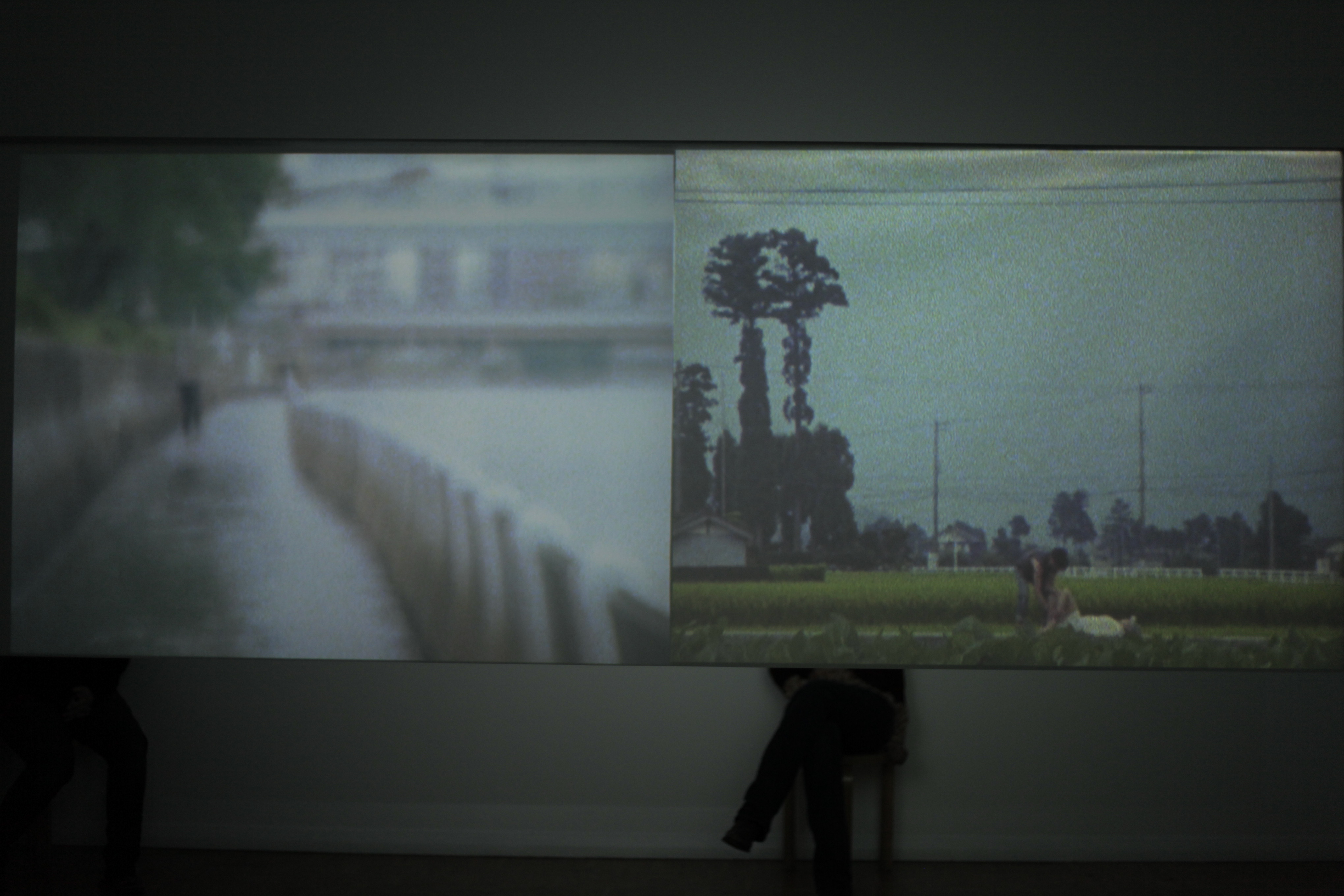 The video installation was projected with two, synchronized projectors on a plastic film, that was hanging in the air 